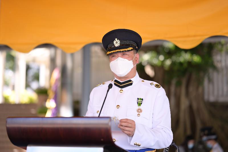 The Correctional Services Department (CSD) held a passing-out parade at the Staff Training Institute in Stanley today (August 20). Photo shows the Assistant Commissioner (Rehabilitation) of the CSD, Mr Wan Ming-ki, delivering a speech.