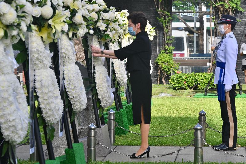 The Chief Executive, Mrs Carrie Lam, attends a ceremony to commemorate the Victory Day of the Chinese People's War of Resistance Against Japanese Aggression at Hong Kong City Hall Memorial Garden in Central this morning (September 3).