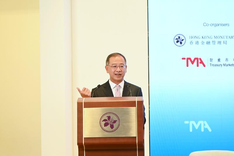 The Chief Executive of the Hong Kong Monetary Authority and Honorary President of the Council of the Treasury Markets Association, Mr Eddie Yue, today (September 29) gives welcoming remarks and a keynote speech at the Treasury Markets Summit 2021 held in Hong Kong.