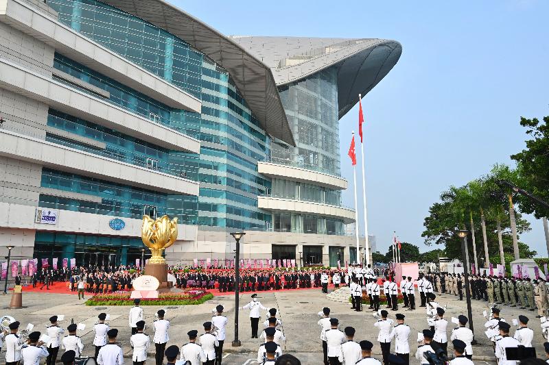The Chief Executive, Mrs Carrie Lam, together with Principal Officials and guests, attends the flag-raising ceremony for the 72nd anniversary of the founding of the People's Republic of China at Golden Bauhinia Square in Wan Chai this morning (October 1).