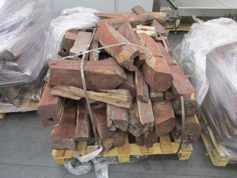 Hong Kong Customs seized about 1 910 kilograms of suspected scheduled red sandalwood, with an estimated market value of about $9.57 million, at Hong Kong International Airport on September 30. Photo shows some of the suspected scheduled red sandalwood seized. 