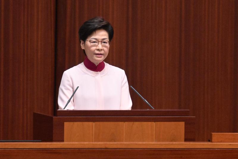 The Chief Executive, Mrs Carrie Lam, releases "The Chief Executive's 2021 Policy Address" at the Legislative Council today (October 6).