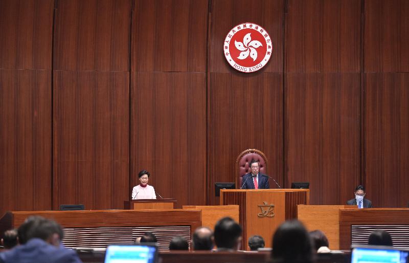 The Chief Executive, Mrs Carrie Lam, releases "The Chief Executive's 2021 Policy Address" at the Legislative Council today (October 6).