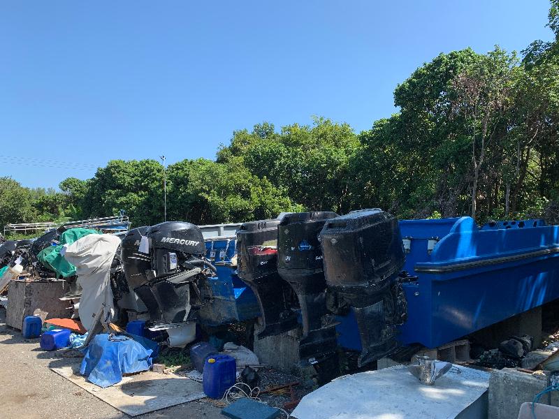 Hong Kong Customs, the Police and the Lands Department have mounted joint operations at various smuggling black spots on Lantau Island since September 30 this year with a view to vigorously combating sea smuggling activities. Photo shows some of the speedboats with outboard engines suspected to be used for smuggling found on unleased land near Ngau Au Village, Tung Chung.
