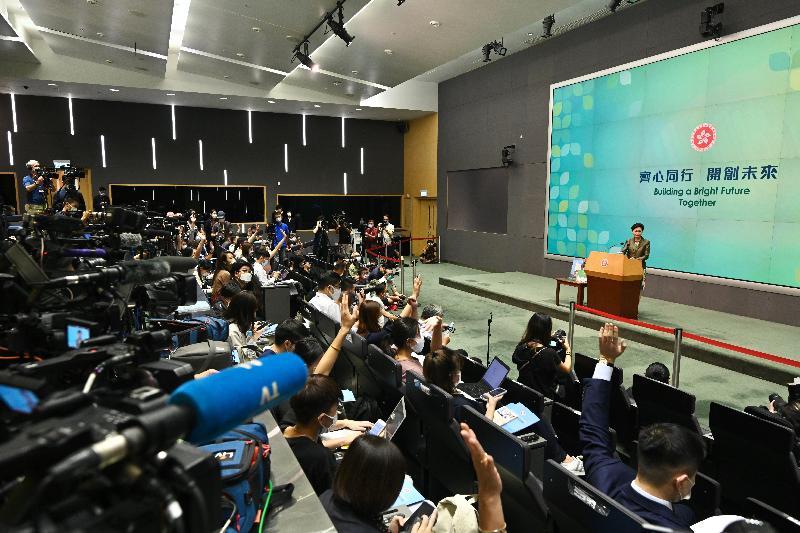 The Chief Executive, Mrs Carrie Lam, hosted a press conference on "The Chief Executive's 2021 Policy Address" this afternoon (October 6) at Central Government Offices, Tamar. Photo shows Mrs Lam responding to questions at the press conference.
