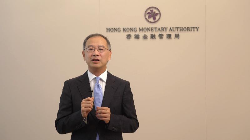 The Hong Kong Monetary Authority (HKMA) and the People's Bank of China (PBoC) today (October 21) jointly announced that the two authorities have signed the "Memorandum of Understanding on Fintech Innovation Supervisory Cooperation in the Guangdong-Hong Kong-Macao Greater Bay Area (GBA)". By signing the Memorandum of Understanding, the two authorities have agreed to link up the PBoC's Fintech Innovation Regulatory Facility with the HKMA's Fintech Supervisory Sandbox in the form of a network. Photo shows the Chief Executive of the HKMA, Mr Eddie Yue, speaking via video.