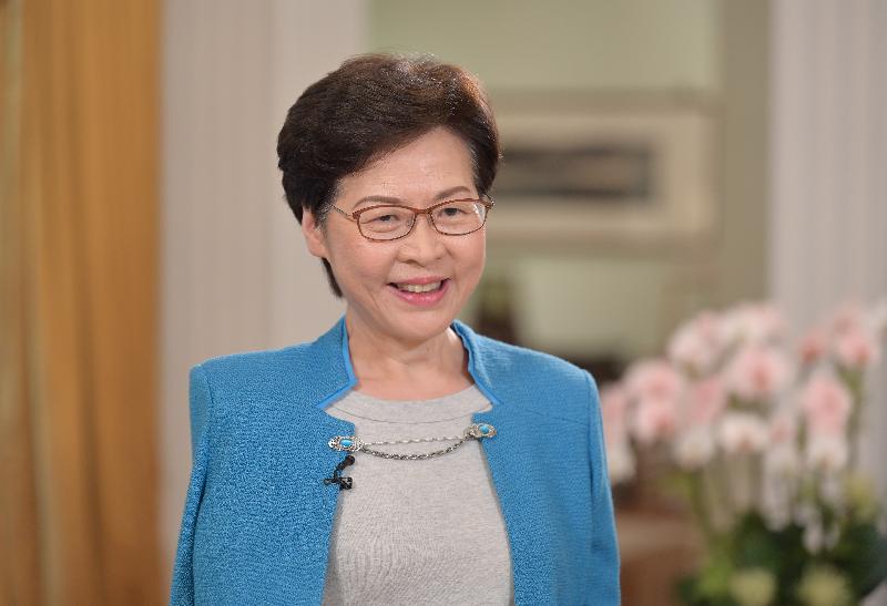 The Chief Executive, Mrs Carrie Lam, delivers a video speech at the opening ceremony of the Hong Kong Economic and Trade Office in Dubai today (October 28).