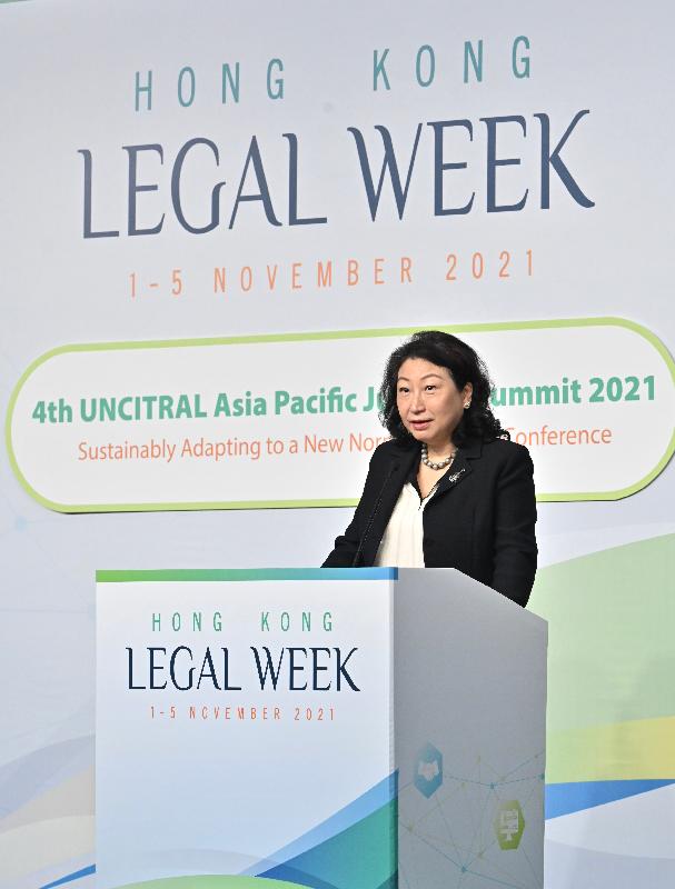 The Secretary for Justice, Ms Teresa Cheng, SC, speaks at the 4th UNCITRAL Asia Pacific Judicial Summit under Hong Kong Legal Week 2021 today (November 1).