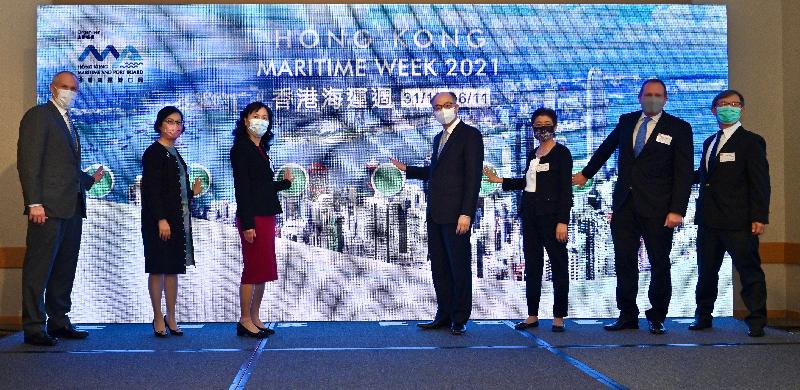 The opening ceremony of Hong Kong Maritime Week 2021, a major annual event of the maritime and port industries in Hong Kong, was held today (November 1). Picture shows the Chairman of the Hong Kong Maritime and Port Board (HKMPB) and Secretary for Transport and Housing, Mr Frank Chan Fan (centre), together with the Permanent Secretary for Transport and Housing (Transport), Ms Mable Chan (third left); the Director of Marine, Ms Carol Yuen (second left); the Chairman of the Promotion and External Relations Committee of the HKMPB, Ms Agnes Choi (third right); the Chairman of the Maritime and Port Development Committee of the HKMPB, Mr Bjorn Hojgaard (second right); the Chairman of the Manpower Development Committee of the HKMPB, Mr Willy Lin (first right); and the Chairman of the Hong Kong Maritime Museum Limited Board Directors, Mr Richard Hext (first left), officiating at the ceremony.