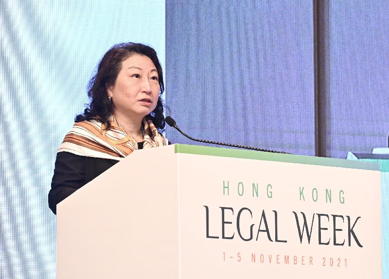 The Secretary for Justice, Ms Teresa Cheng, SC, speaks at the International Criminal Law Conference under Hong Kong Legal Week 2021 today (November 2).