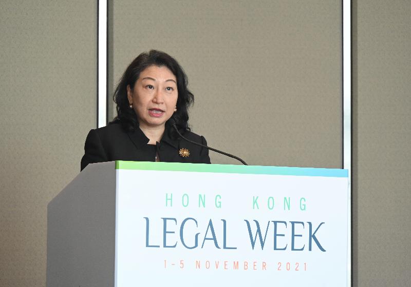 The Secretary for Justice, Ms Teresa Cheng, SC, speaks at the 4th UNCITRAL Asia Pacific Judicial Summit: Sustainably Adapting to a New Normal - Judicial Roundtable under Hong Kong Legal Week 2021 today (November 2).
