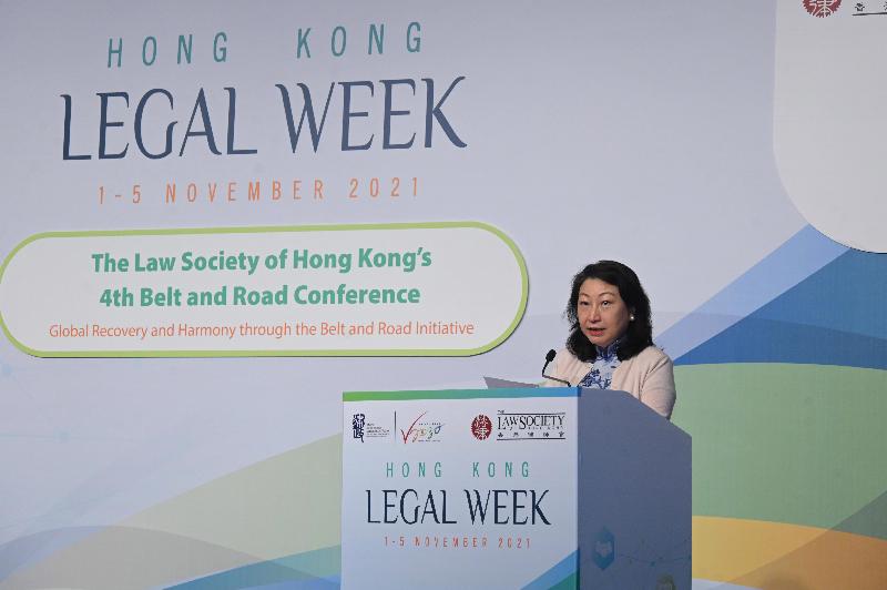 The Secretary for Justice, Ms Teresa Cheng, SC, speaks at the Law Society of Hong Kong's 4th Belt and Road Conference under Hong Kong Legal Week 2021 today (November 4).