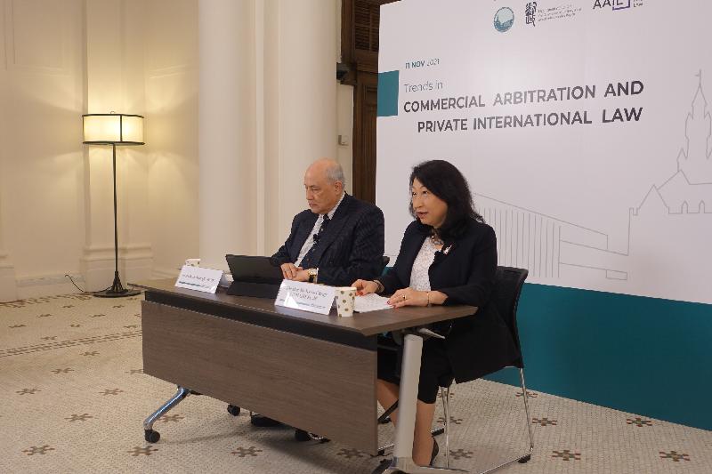 The Secretary for Justice, Ms Teresa Cheng, SC (right), speaks at the Trends in Commercial Arbitration and Private International Law webinar co-organised by the Hague Academy of International Law, the Asian Academy of International Law (AAIL) and the Department of Justice today (November 11). Also present is the Chairman of AAIL, Dr Anthony Neoh, SC (left). 