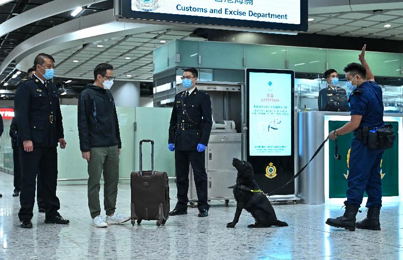 跨部门反恐专责组今日（十一月十九日）下午在广深港高铁西九龙站进行代号「虎速」的跨部门反恐演习。图示香港海关人员连同爆炸品搜查犬搜出含有爆炸品的可疑行李。