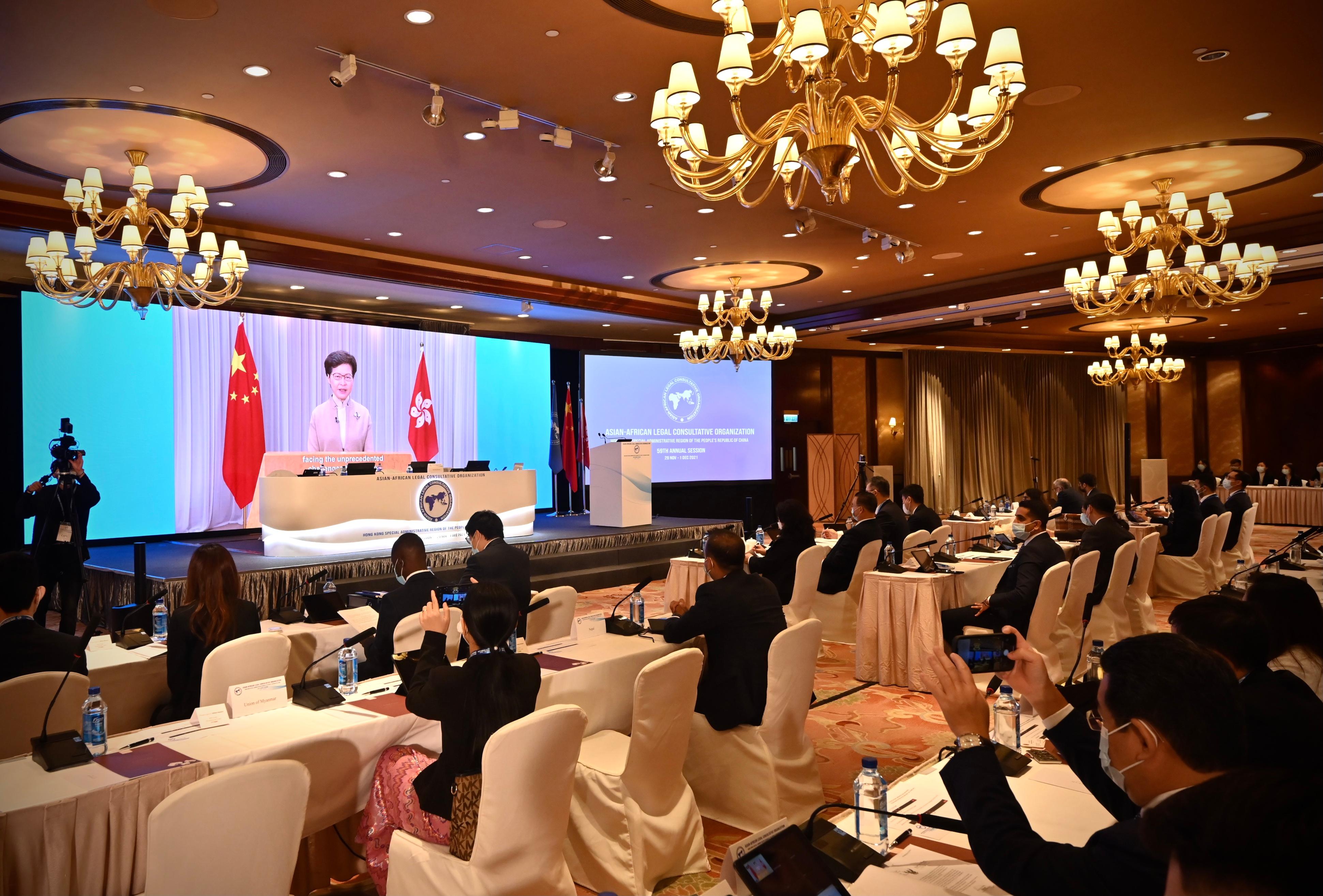 The 59th Annual Session of the Asian-African Legal Consultative Organization was successfully launched today (November 29). Photo shows the Chief Executive, Mrs Carrie Lam, delivering a video speech at the Inaugural Session of the Annual Session today.