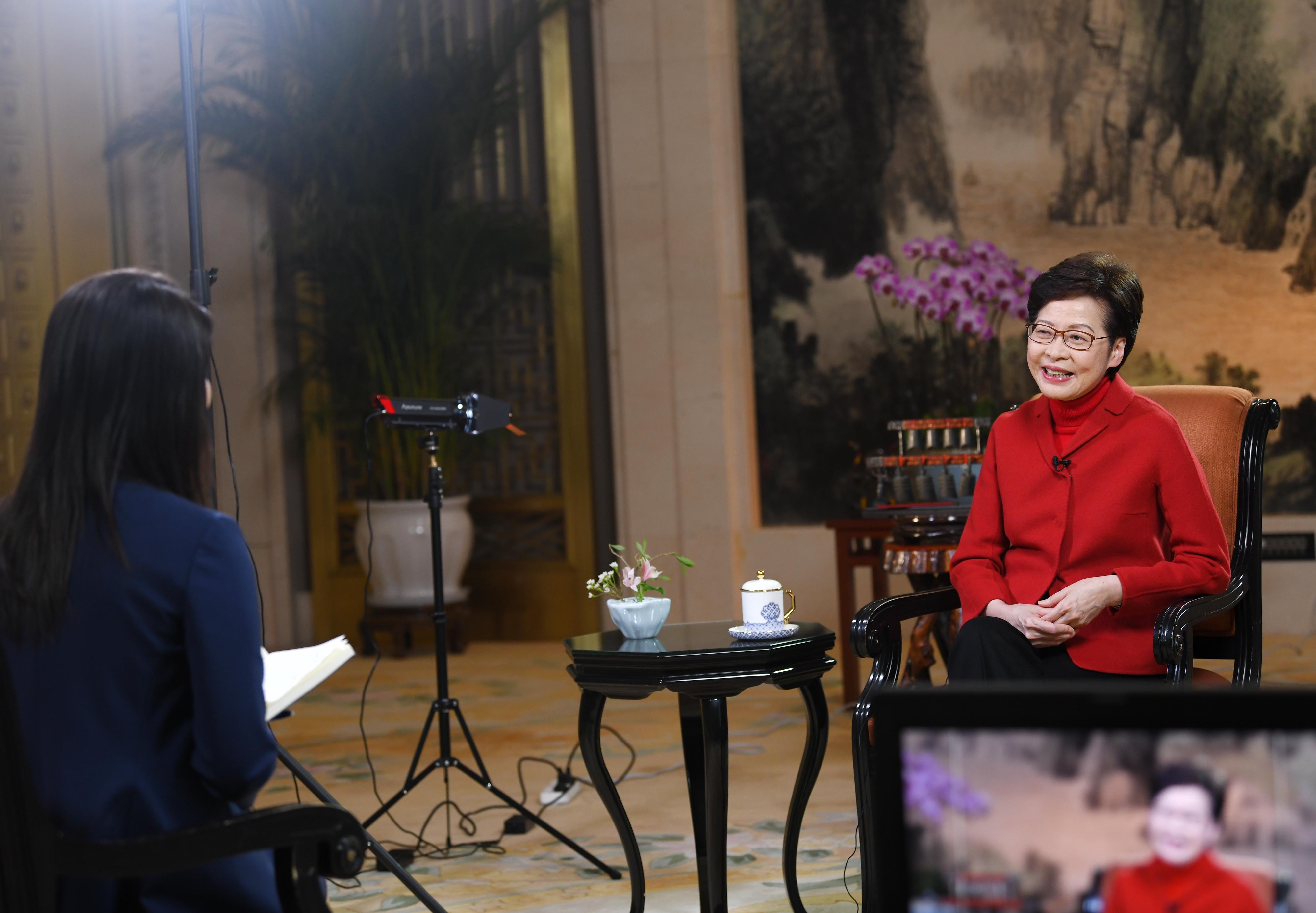 The Chief Executive, Mrs Carrie Lam, gives an interview to the Hubei media in Wuhan today (November 30).