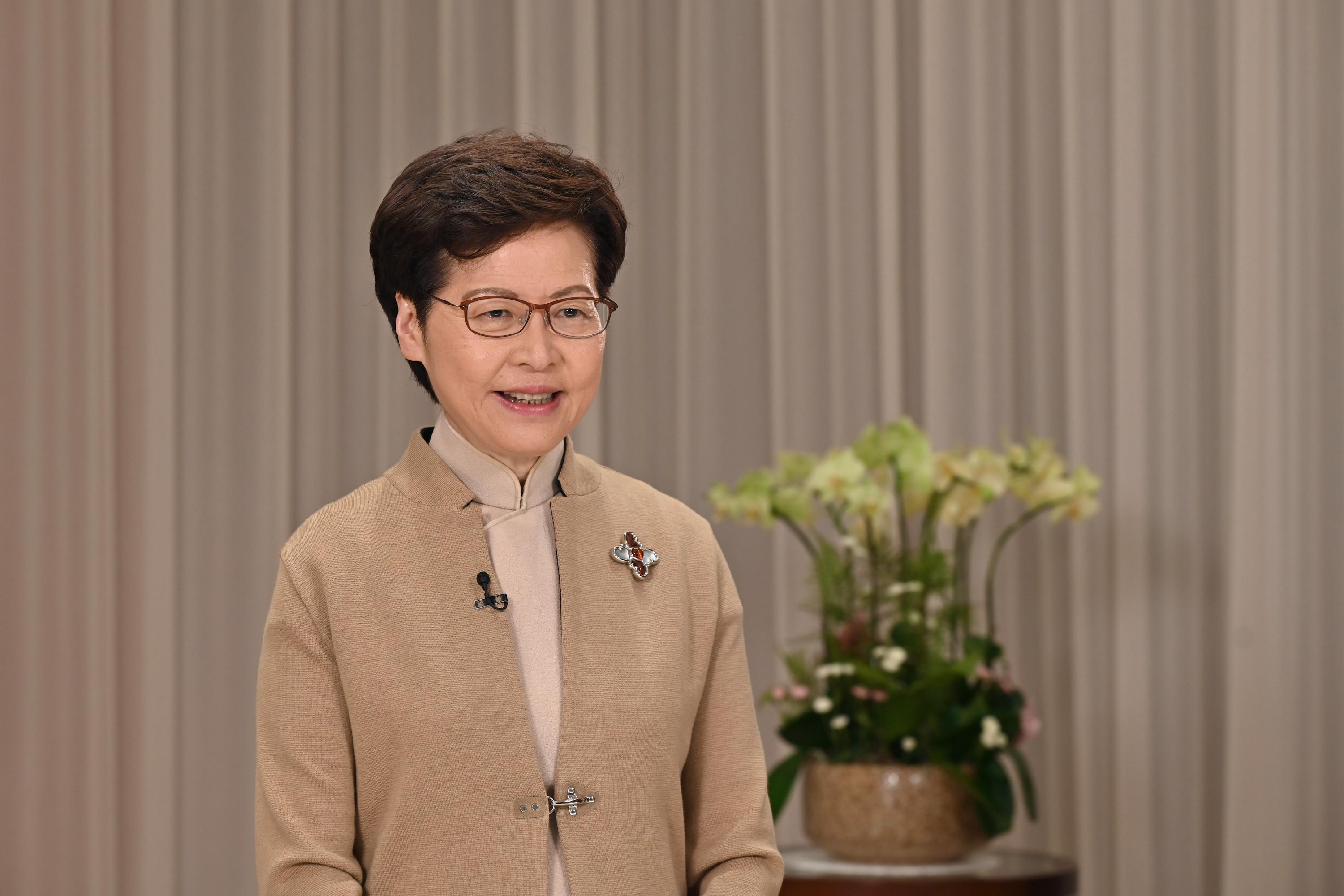 The Chief Executive, Mrs Carrie Lam, delivers a video speech at the Opening Ceremony of Business of Design Week 2021 today (December 1).