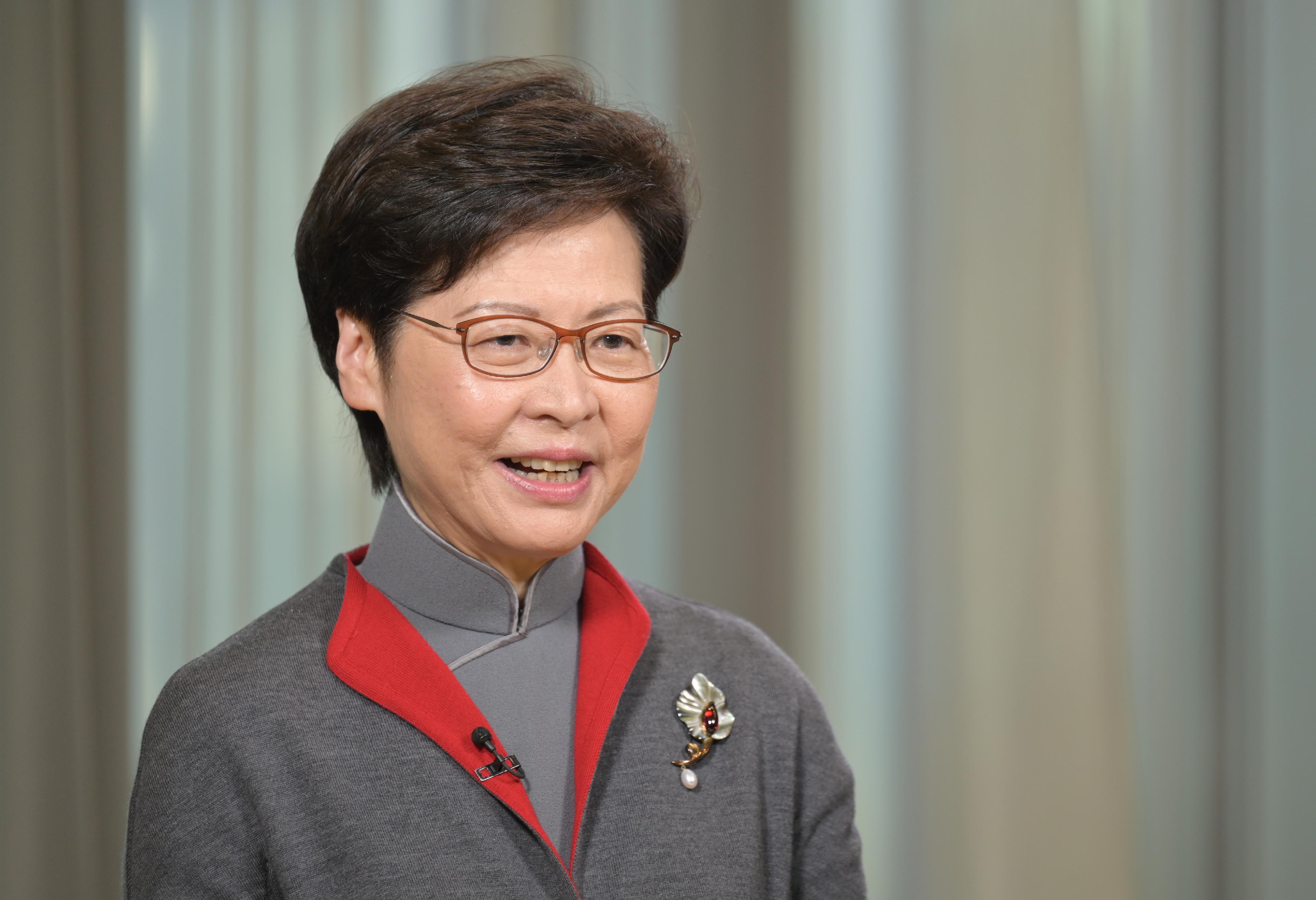 The Chief Executive, Mrs Carrie Lam, delivers a video speech at the Opening Session of the Business of Intellectual Property Asia Forum today (December 2).