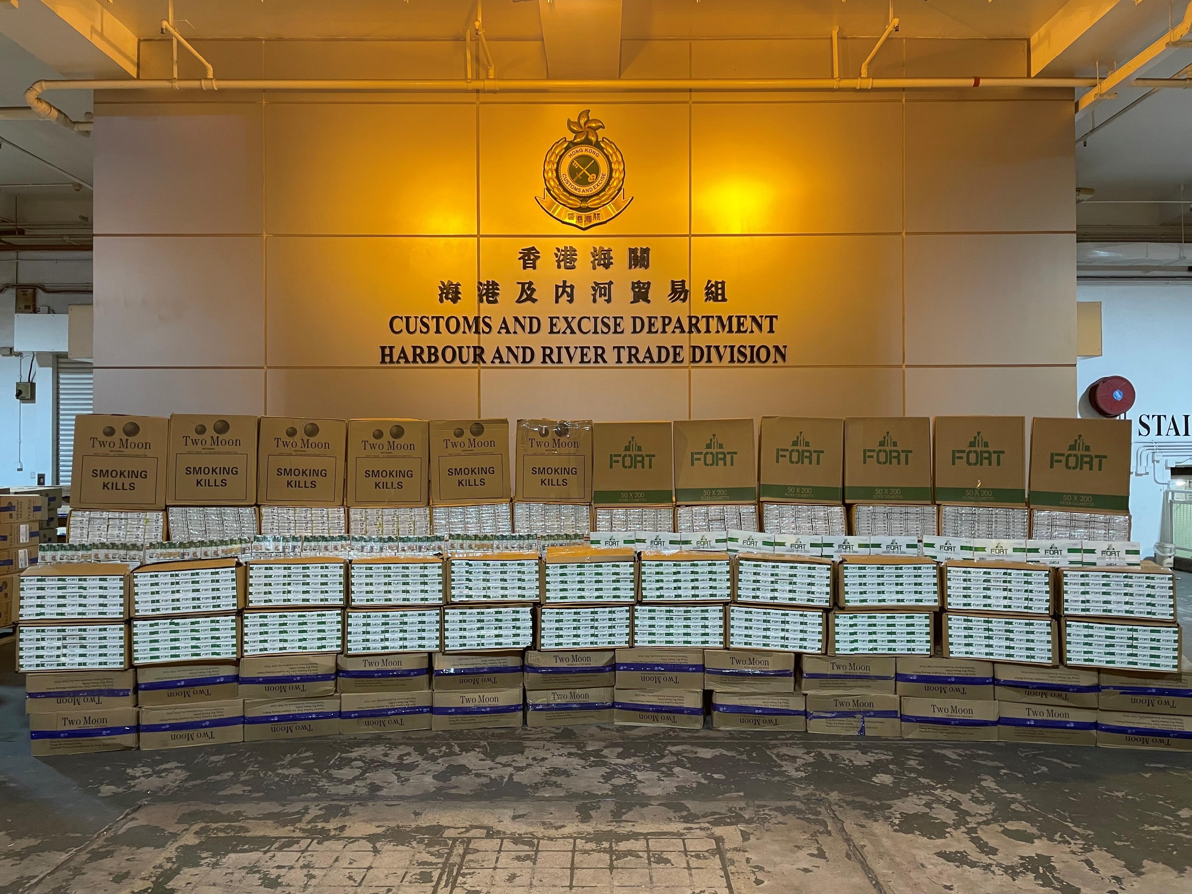 Hong Kong Customs on December 3 seized about 10 million suspected illicit cigarettes with an estimated market value of about $27 million and a duty potential of about $19 million at the Kwai Tsing Container Terminals. Photo shows the suspected illicit cigarettes seized. 