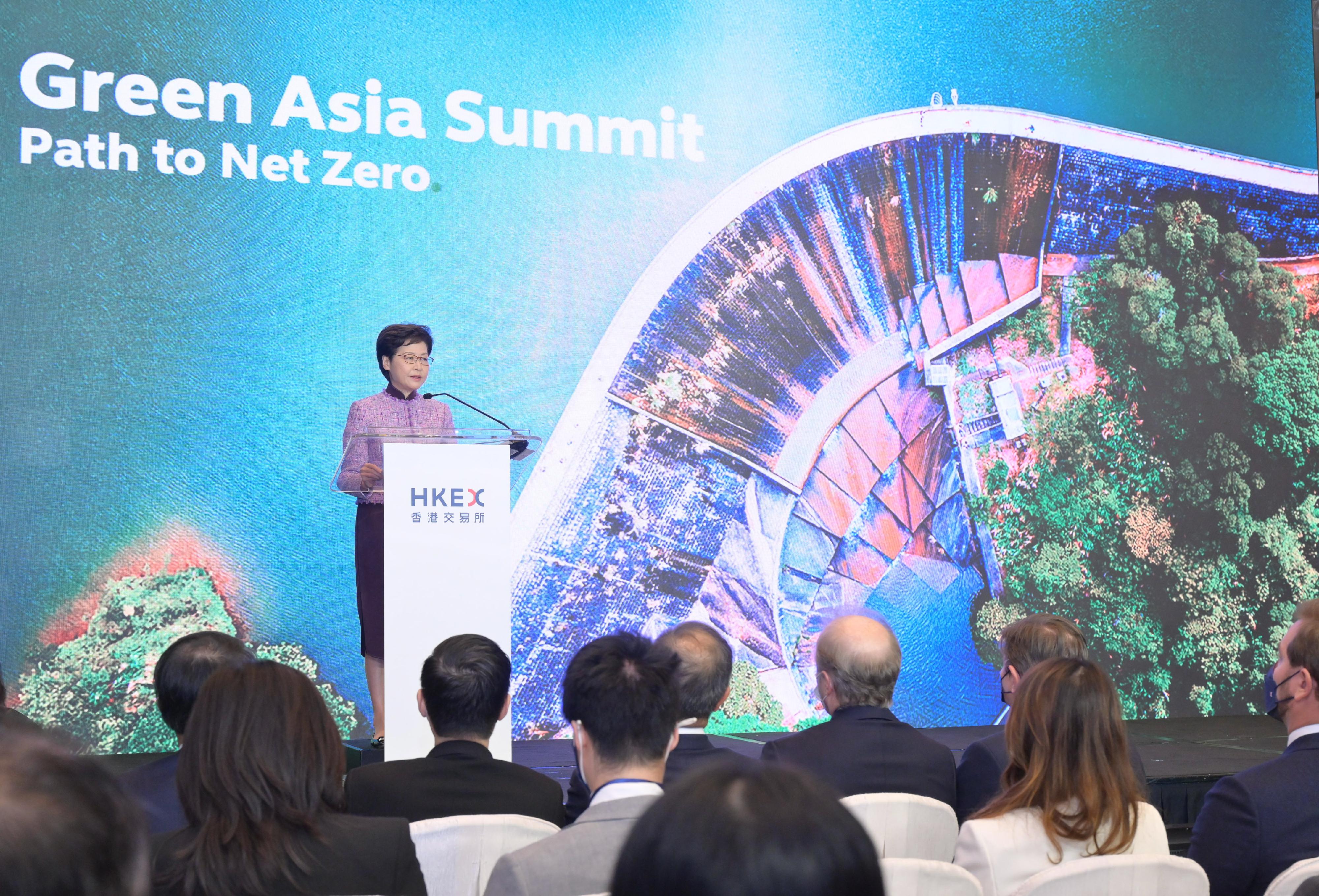 The Chief Executive, Mrs Carrie Lam, speaks at the HKEX Green Asia Summit 2021 - Path to Net Zero today (December 9). 
