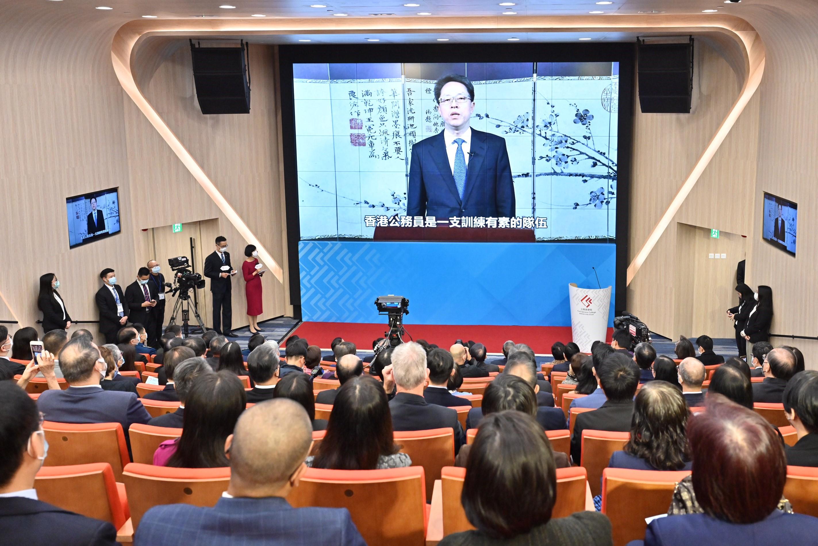 The Civil Service College of the Hong Kong Special Administrative Region was established today (December 9), marking a new milestone for training and development for the civil service. Photo shows the Executive Deputy Director of the Hong Kong and Macao Affairs Office of the State Council, Mr Zhang Xiaoming, giving a video speech at the establishment ceremony.