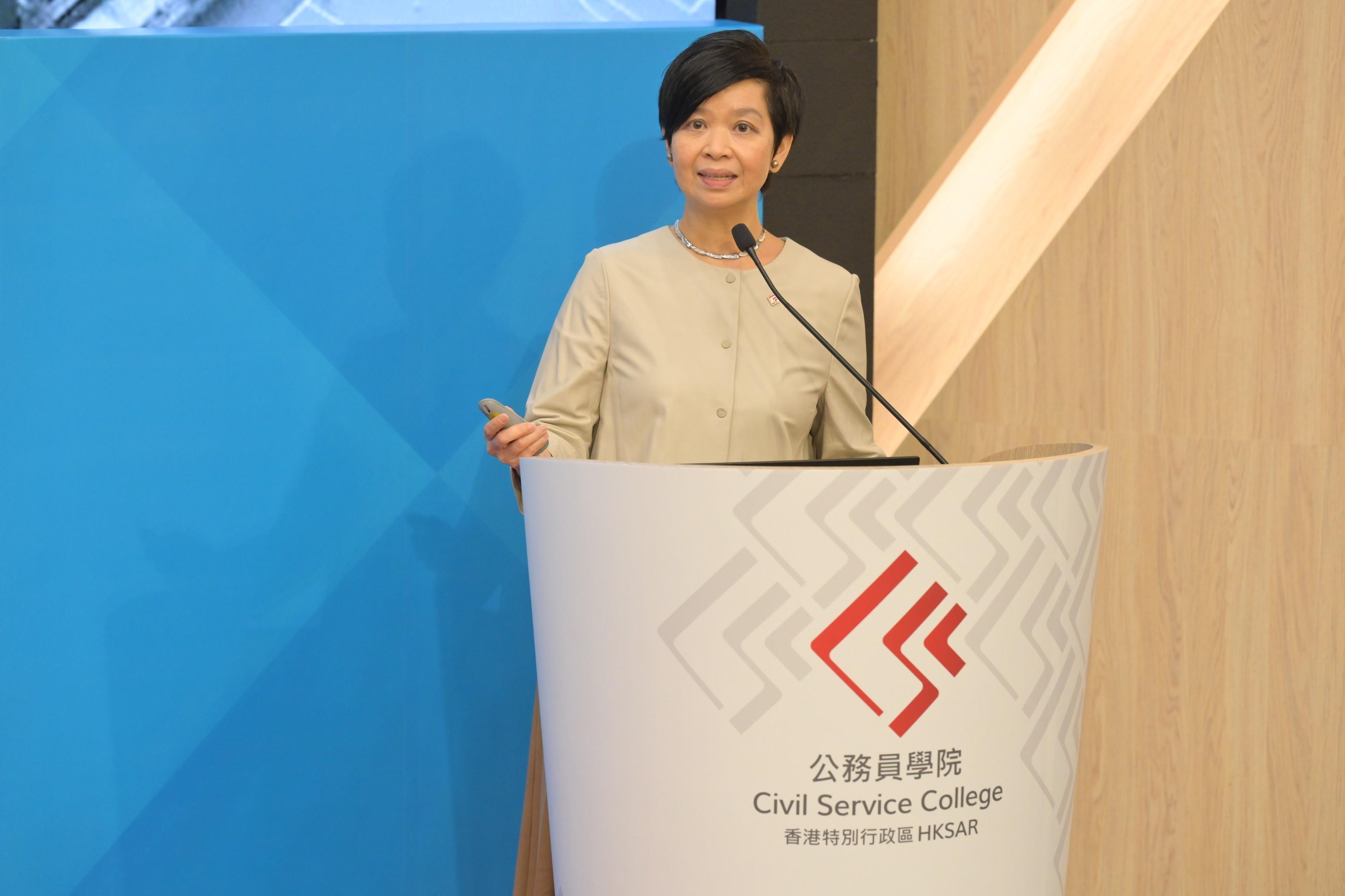 The Civil Service College of the Hong Kong Special Administrative Region was established today (December 9), marking a new milestone for training and development for the civil service. Photo shows the Director of Architectural Services, Ms Winnie Ho, introducing the design of the long-term accommodation of the College at the establishment ceremony. 