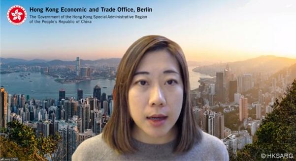 The Director of the Hong Kong Economic and Trade Office, Berlin, Ms Jenny Szeto, speaks at a webinar on new opportunities arising in Hong Kong to the Hungarian business community on December 15 (Budapest time).