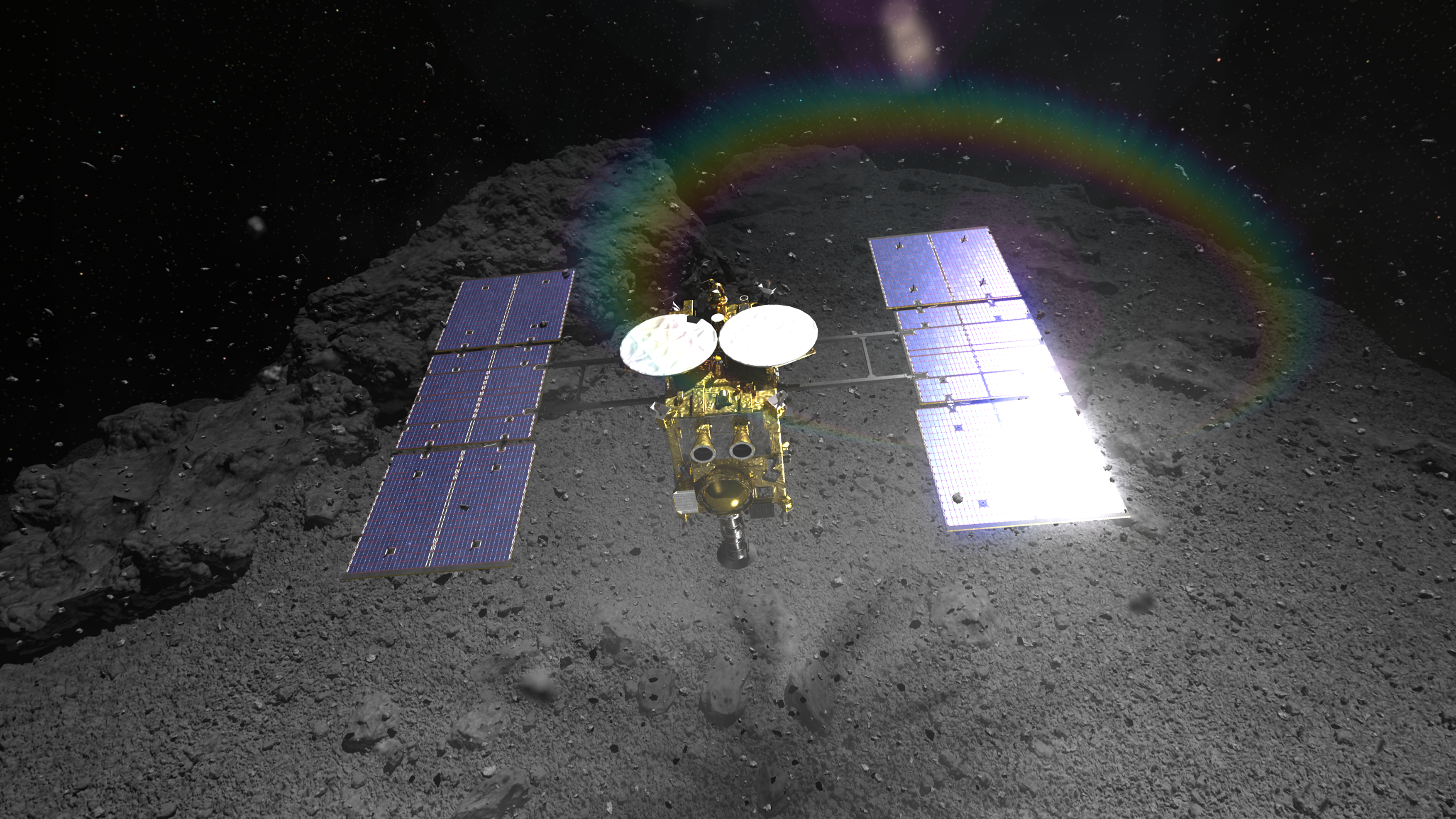 The new sky show "HAYABUSA2~REBORN" will be screened at the Hong Kong Space Museum's Space Theatre from January 1 (Saturday). Picture shows Japan's unmanned probe Hayabusa2 shooting projectiles down onto the surface of the asteroid Ryugu and collecting the debris samples flying up from the explosion. 