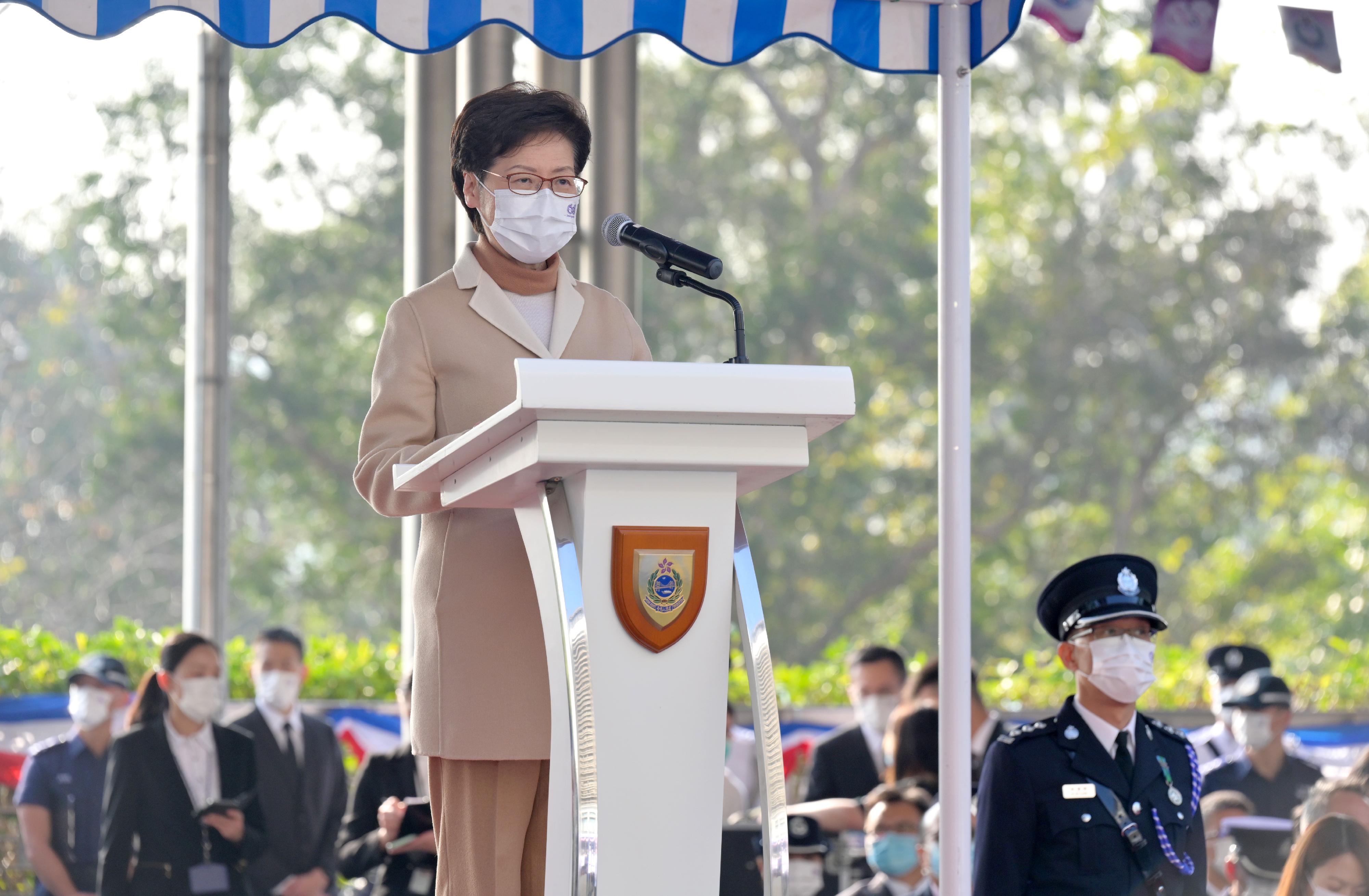 The Chief Executive, Mrs Carrie Lam, delivers a speech at the Immigration Department Passing-out Parade cum 60th Anniversary Grand Parade today (December 30).