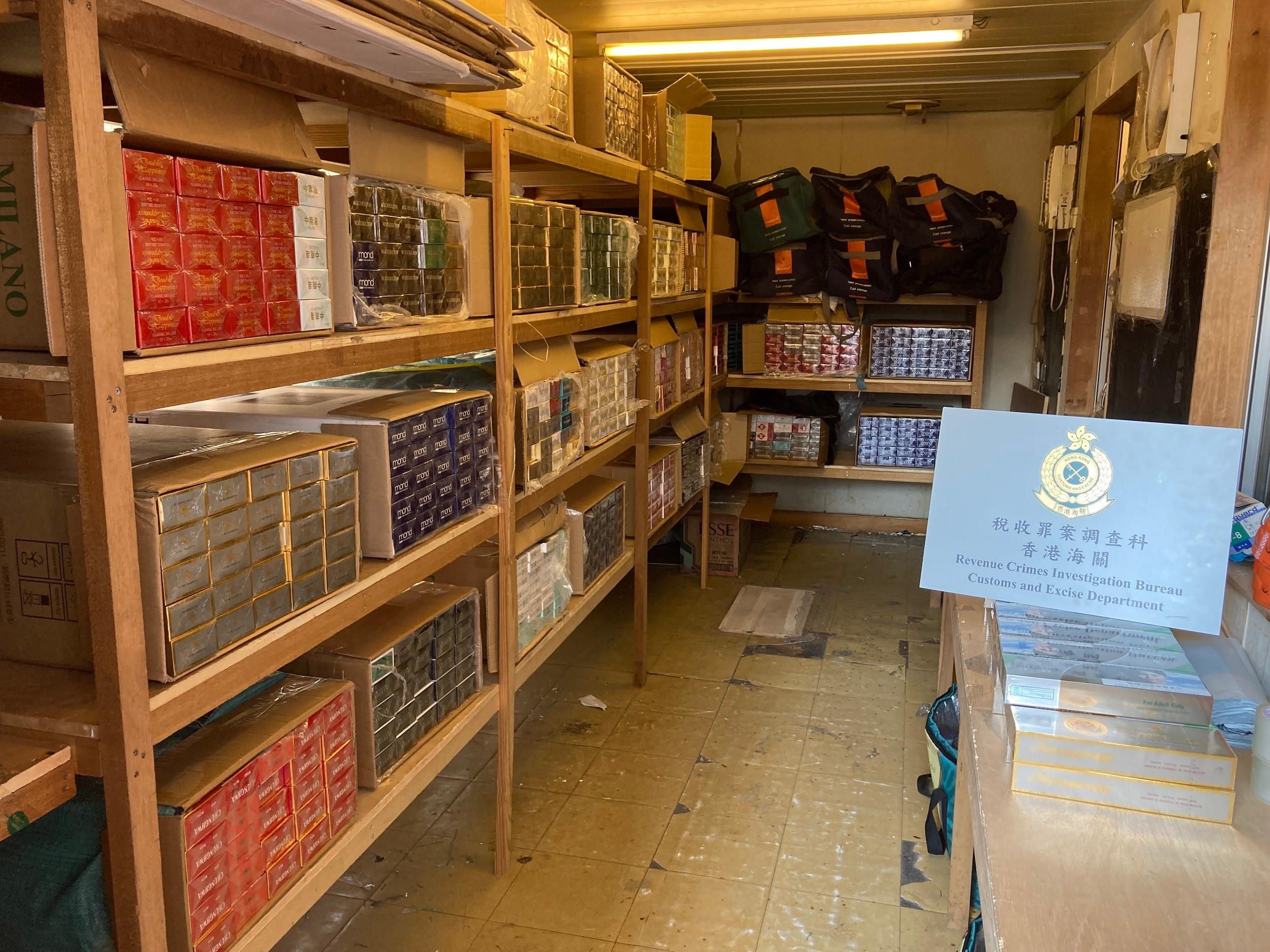 Hong Kong Customs today (January 4) raided a suspected illicit cigarette storage in Yuen Long and seized about 1.75 million suspected illicit cigarettes with an estimated market value of about $4.8 million and a duty potential of about $3.3 million. Photo shows the suspected illicit cigarettes stored in a metal hut.