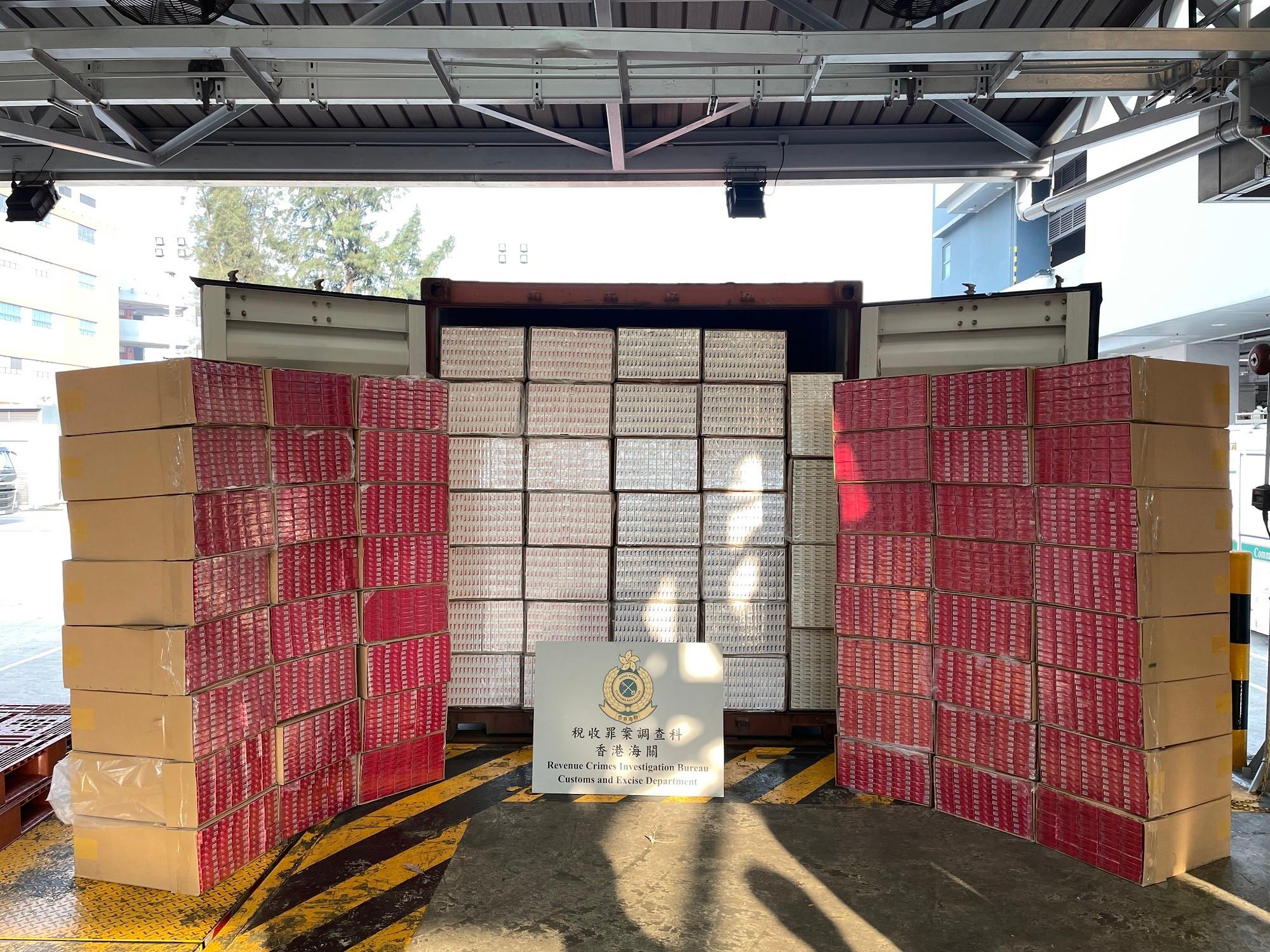 Hong Kong Customs on January 3 and today (January 6) seized a total of about 19 million suspected illicit cigarettes with an estimated market value of about $52 million and a duty potential of about $36 million at the Kwai Chung Customhouse Cargo Examination Compound. Photo shows the suspected illicit cigarettes seized by Customs officers from a seaborne container.