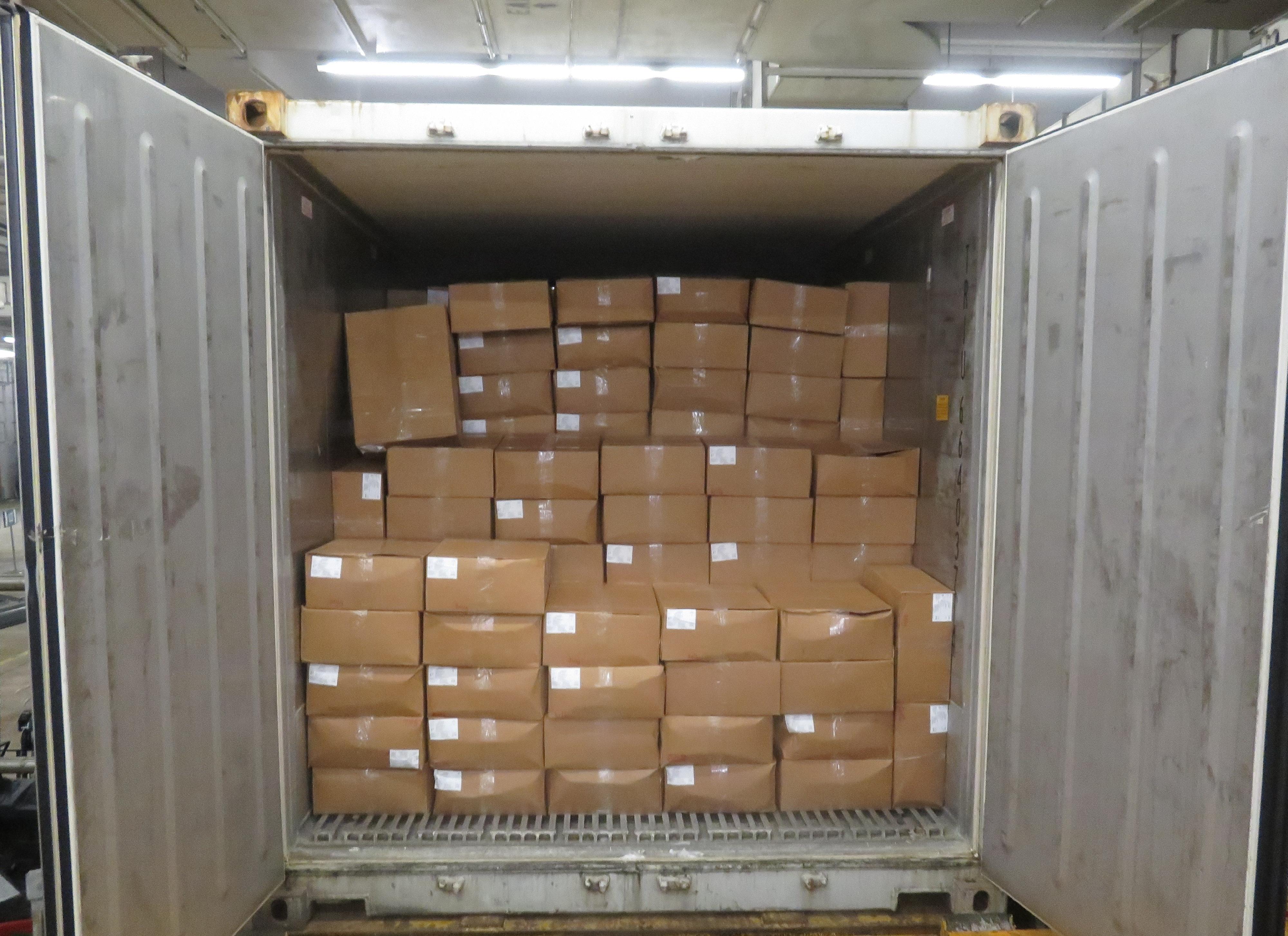 Hong Kong Customs seized about 135 kilograms of suspected cocaine with an estimated market value of about $140 million at the Kwai Chung Customhouse Cargo Examination Compound on January 10. Photo shows the seaborne container, fully loaded with goods, used to conceal the suspected cocaine.