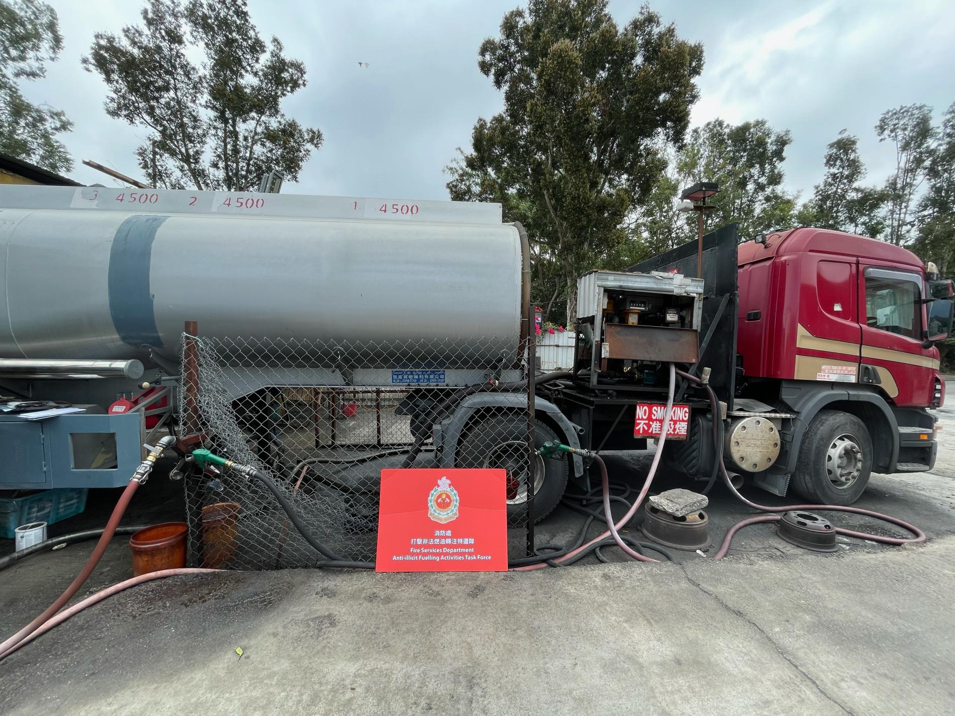 The Fire Services Department, the Hong Kong Police Force and Hong Kong Customs mounted a joint operation codenamed "Winter Thunder" to combat illicit fuelling activities today (January 26). Photo shows an oil tank wagon used for suspected illicit fuelling activities.