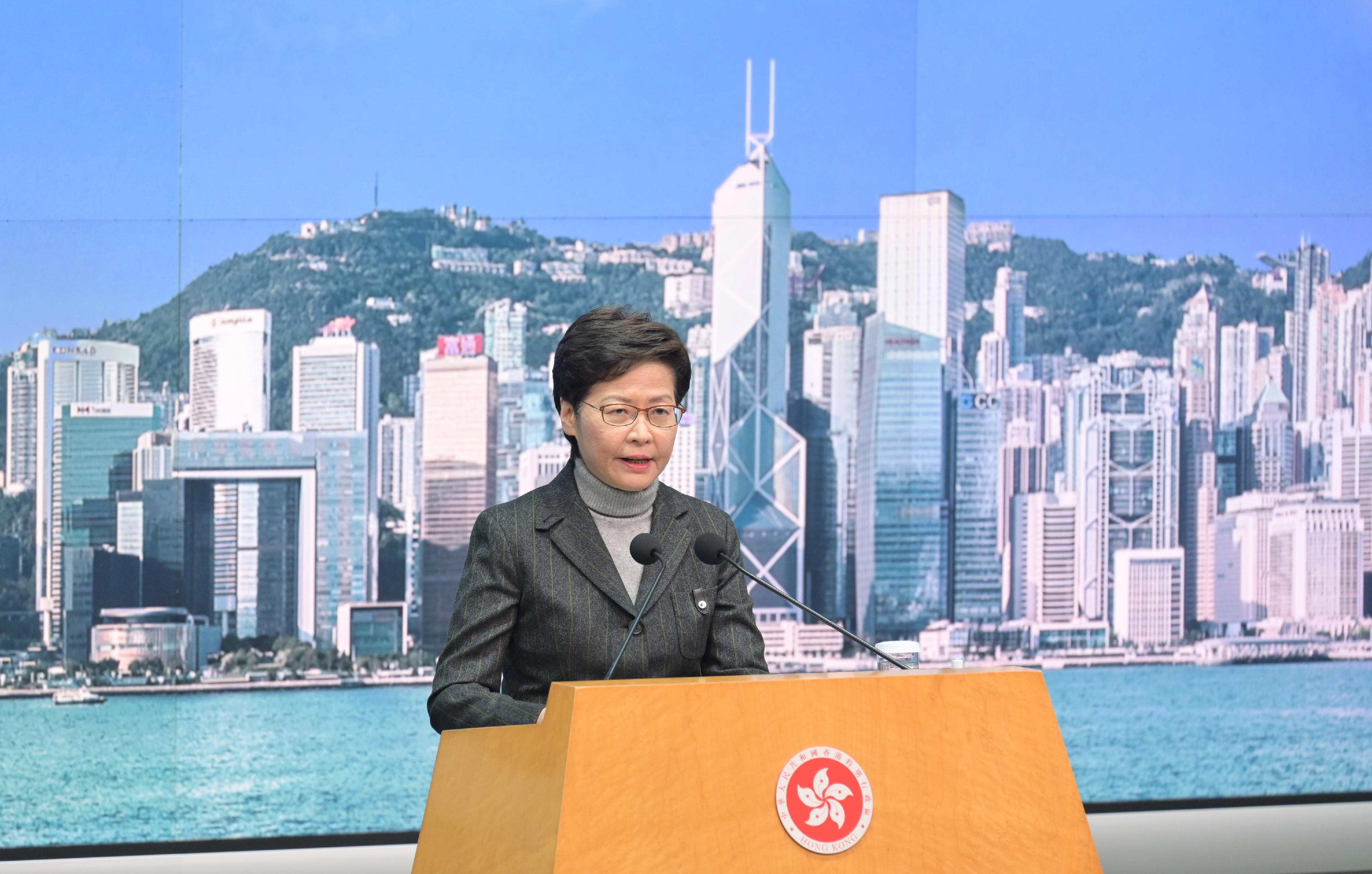 The Chief Executive, Mrs Carrie Lam, meets the media at the Central Government Offices, Tamar, today (January 31).
