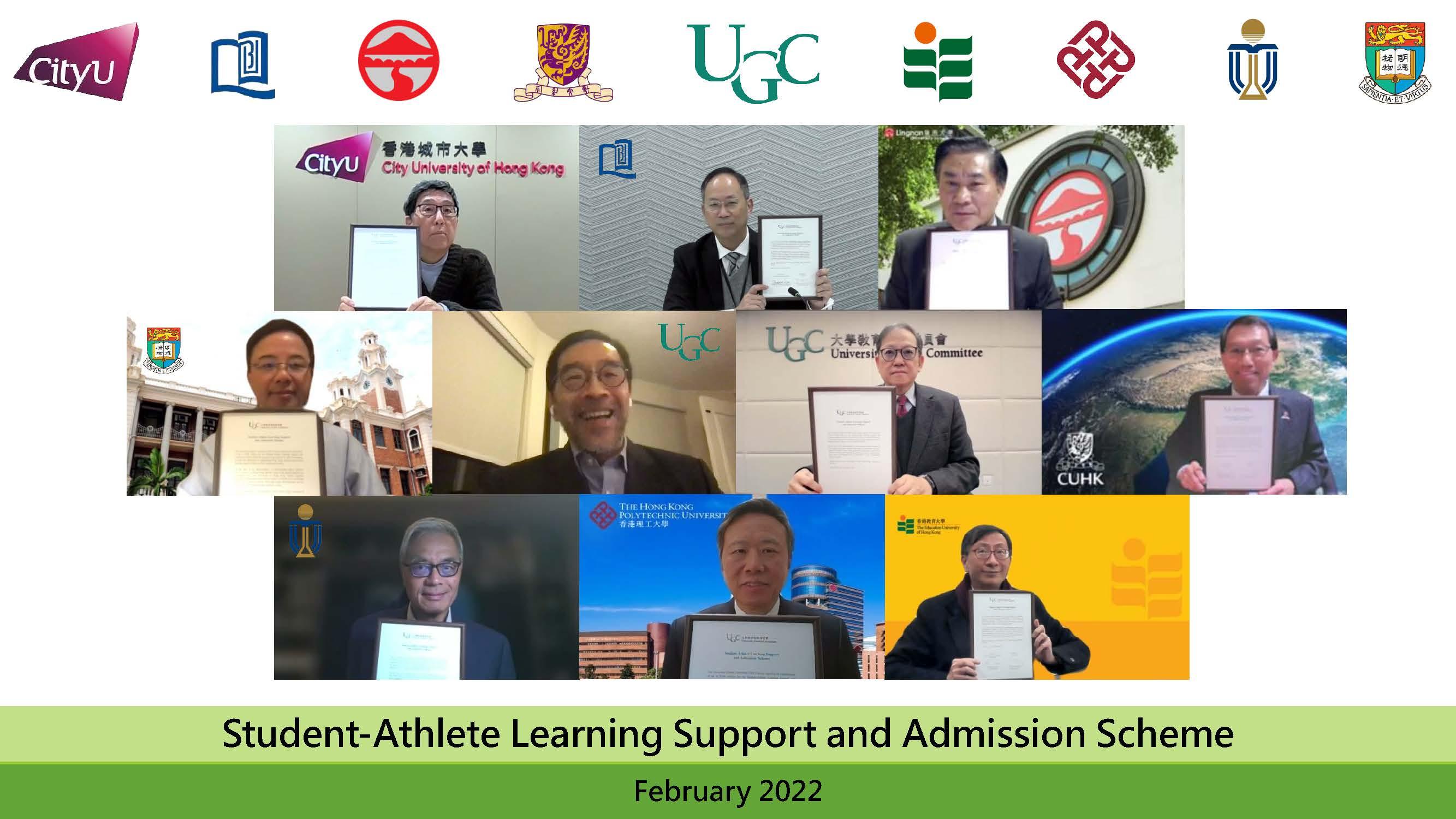 The University Grants Committee (UGC) today (February 25) announced the launch of the Student-Athlete Learning Support and Admission Scheme (SALSA Scheme). In support of the SALSA Scheme, heads of the eight UGC-funded universities signed signifying documents with the Secretary-General of the UGC, Professor James Tang (second row, second right), in the presence of the Chairman of the UGC, Mr Carlson Tong (second row, second left).


