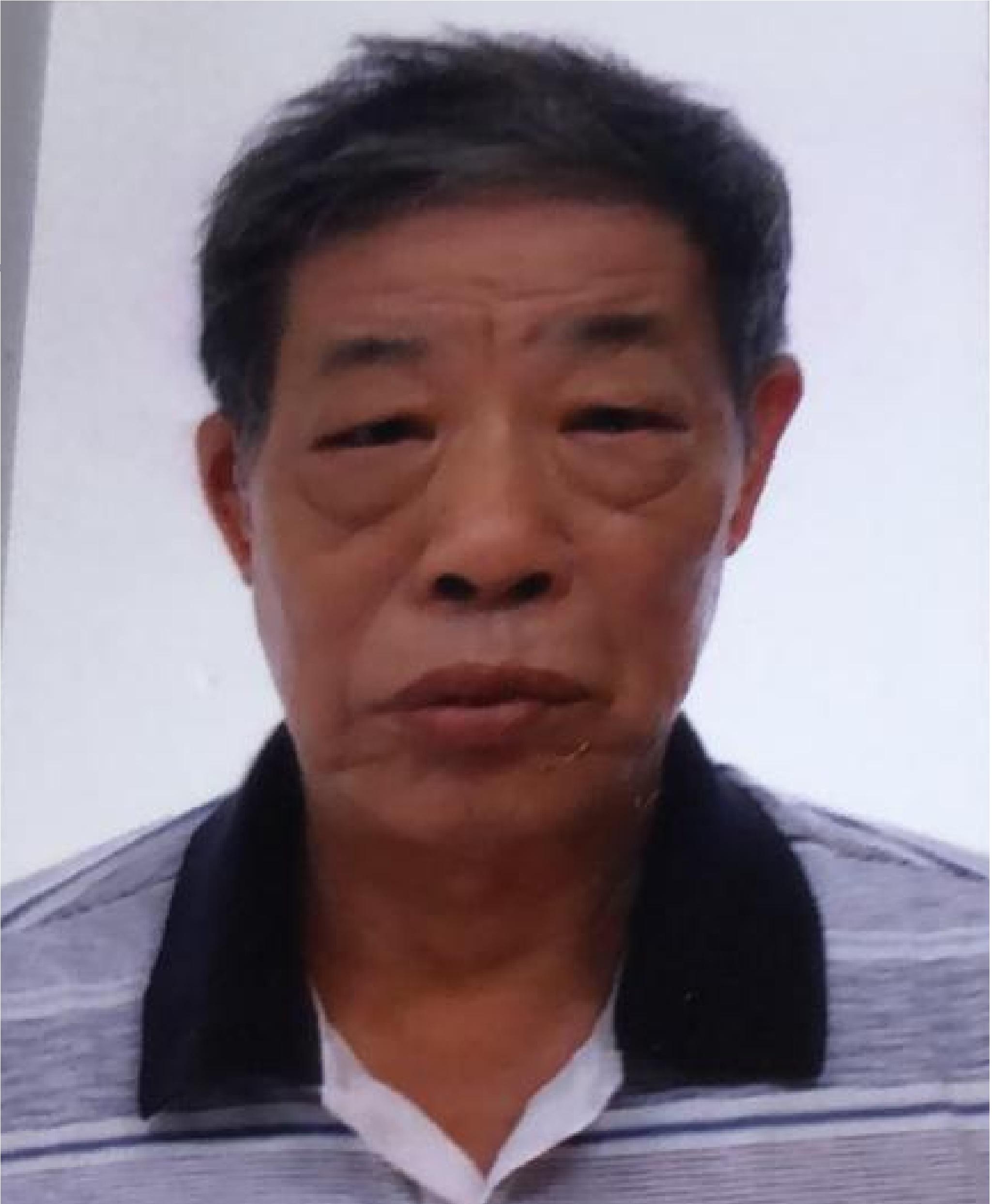 Chan Chun-ping, aged 74, is about 1.6 metres tall, 75 kilograms in weight and of medium build. He has a round face with yellow complexion and white grey short hair. He was last seen wearing a light grey long sleeve shirt, dark long trousers, sport shoes and carrying an orange backpack.