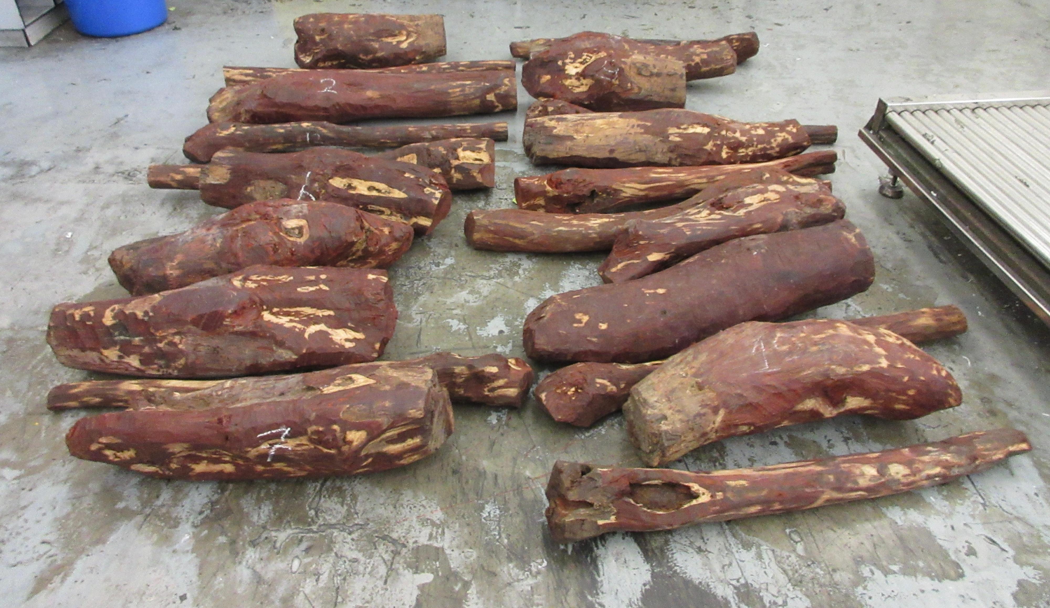Hong Kong Customs yesterday (March 16) seized a total of about 5 170 kilograms of suspected scheduled red sandalwood, with an estimated market value of about $7.15 million, at the Kwai Chung Customhouse Cargo Examination Compound and Hong Kong International Airport (HKIA). Photo shows the suspected scheduled red sandalwood seized by Customs officers at HKIA.