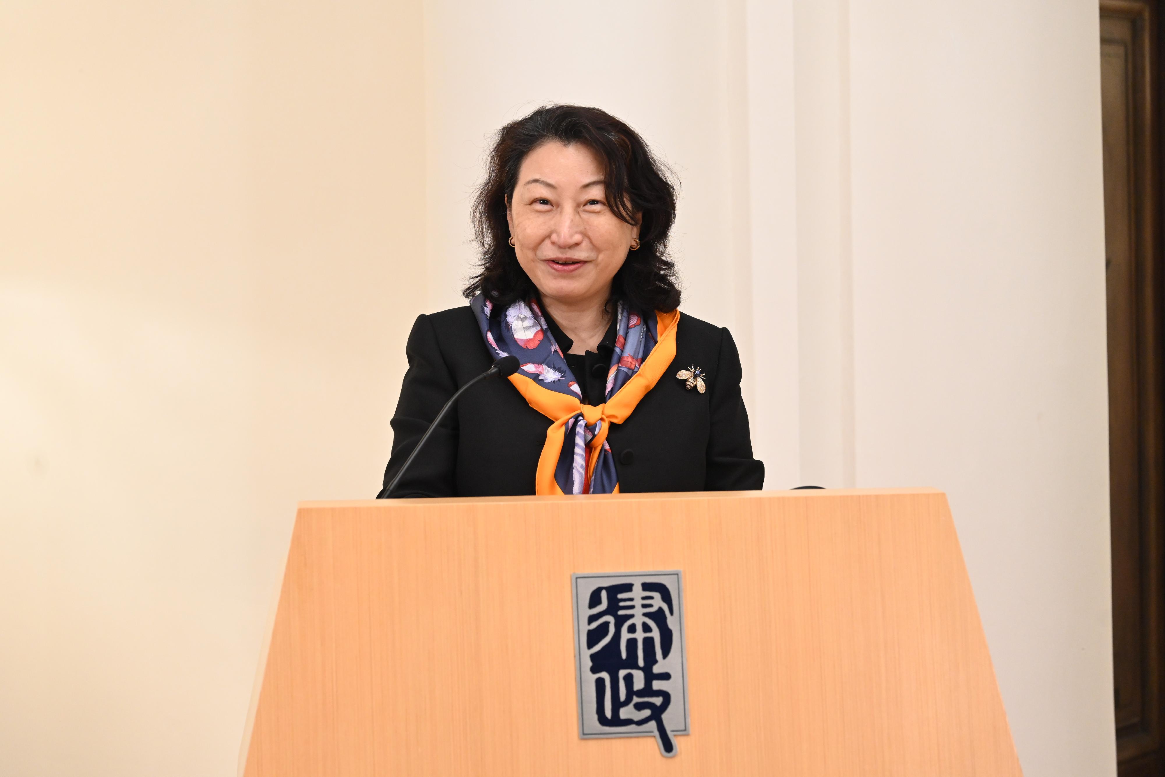 The Secretary for Justice, Ms Teresa Cheng, SC and the President of the International Institute for the Unification of Private Law, Professor Maria Chiara Malaguti, signed a memorandum of understanding for the administrative arrangements for collaboration relating to private international law and international commercial law at a virtual signing ceremony today (May 27). Photo shows Ms Cheng delivering opening remarks at the signing ceremony.

