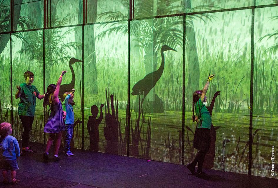 康乐及文化事务署将于七月八日至八月十四日举行每年一度的暑期艺术节「国际综艺合家欢」，为全港家庭和小朋友送上富启发性及赏心悦目的节目。图示潜行者舞蹈剧团（澳洲）的互动装置展览《大东西小东西：装置展览》，以沉浸式投影技术，重现澳洲森林风景。该节目由香港赛马会独家赞助。
