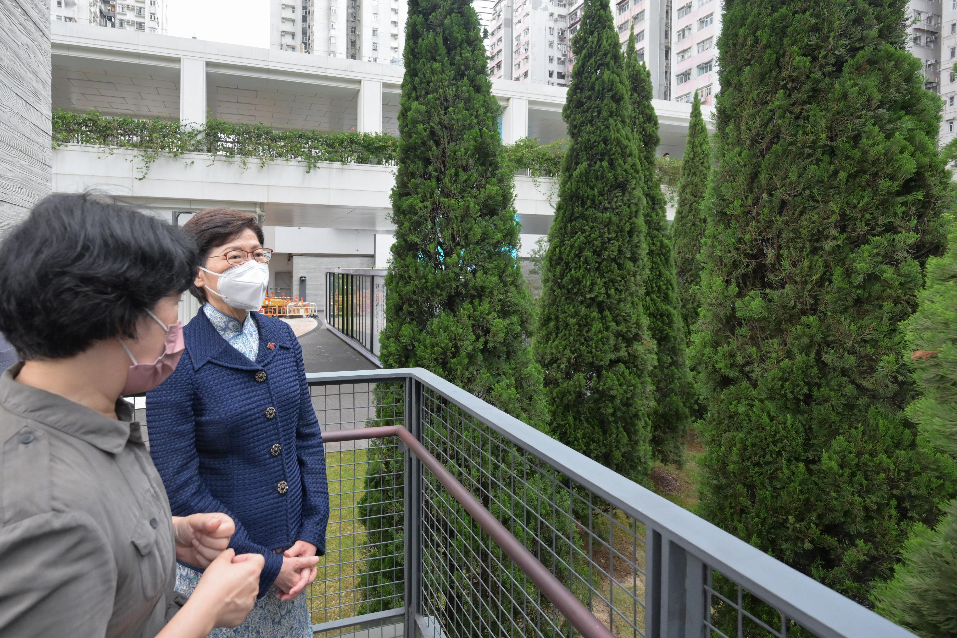 The Chief Executive, Mrs Carrie Lam, today (June 13) visited the new extension of the Oil Street Art Space in North Point. Photo shows Mrs Lam (right) viewing "Joyful Trees (Arbores Laetae)", an art installation to celebrate the 25th anniversary of the establishment of the Hong Kong Special Administrative Region.