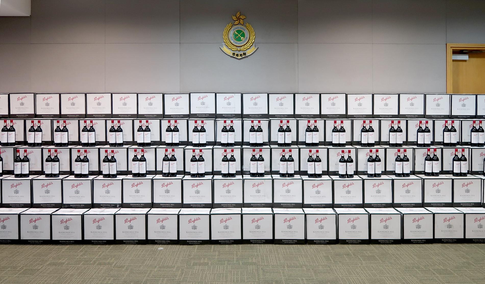 Hong Kong Customs and Macao Customs mounted a joint enforcement operation in June this year to vigorously combat sea smuggling activities through intelligence exchanges between the two places. During the operation, the two Customs administrations seized smuggled goods, including expensive food ingredients, red wine, electronic products and cash, with a total estimated market value of over $110 million. Photo shows some of the suspected smuggled red wine seized by Hong Kong Customs.