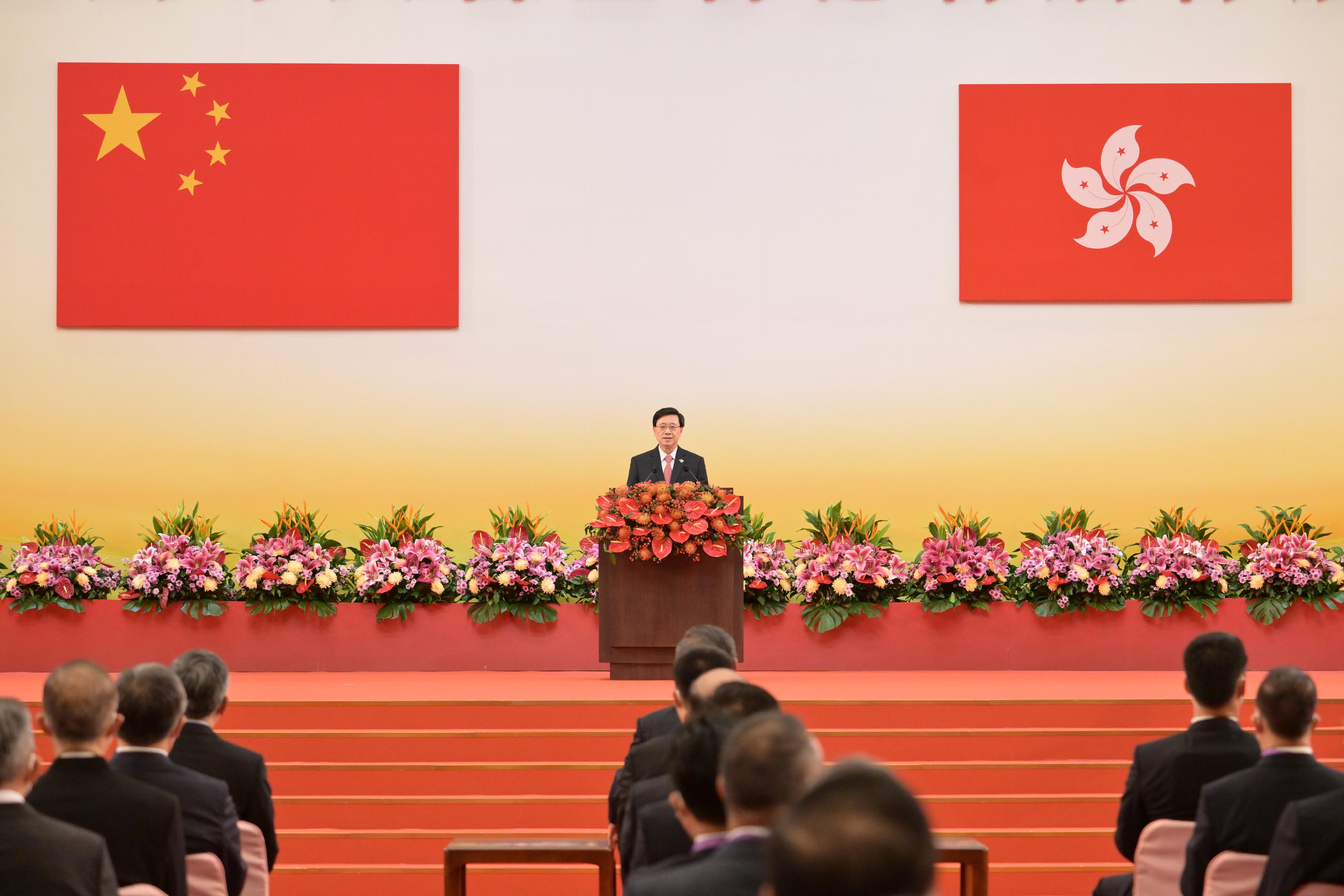 The Chief Executive, Mr John Lee, speaks at the Inaugural Ceremony of the Sixth-term Government of the Hong Kong Special Administrative Region at the Hong Kong Convention and Exhibition Centre this morning (July 1).