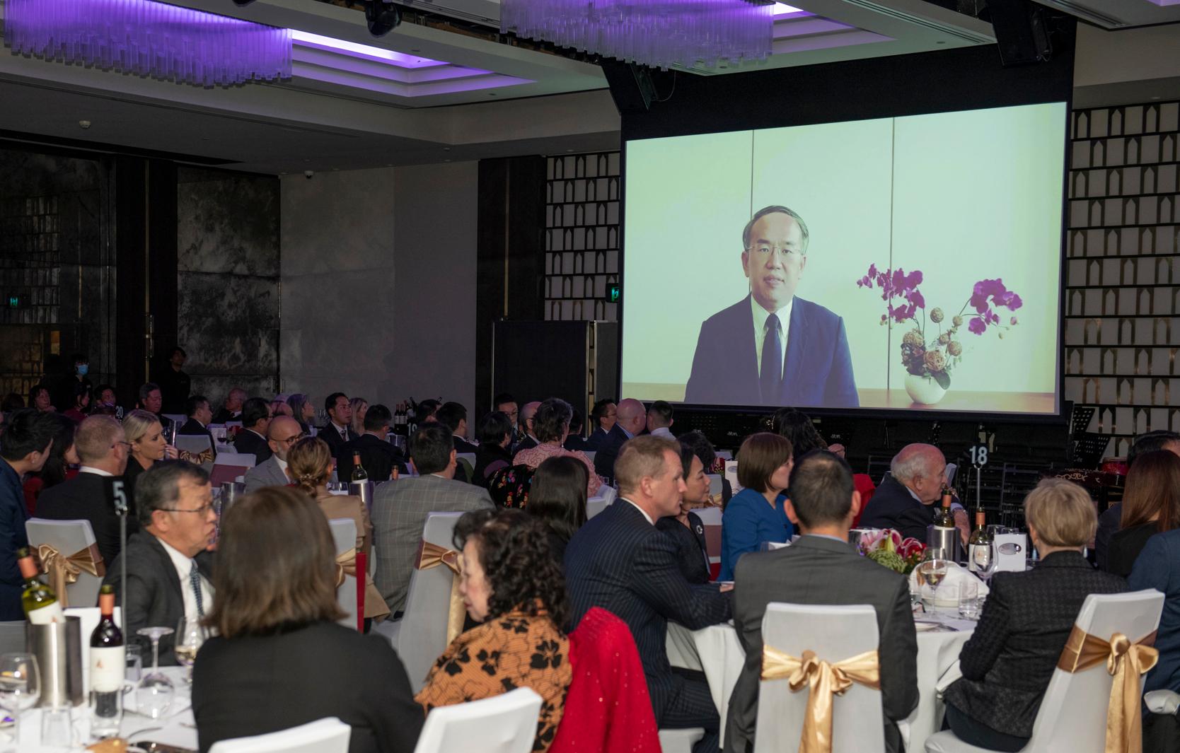 The Hong Kong Economic and Trade Office, Sydney hosted a gala dinner in Sydney, Australia, this evening (July 5) to mark the 25th anniversary of the establishment of the Hong Kong Special Administrative Region. Photo shows the Secretary for Financial Services and the Treasury, Mr Christopher Hui, delivering a virtual speech to highlight Hong Kong's various strengths and its latest trade relationship with Australia.