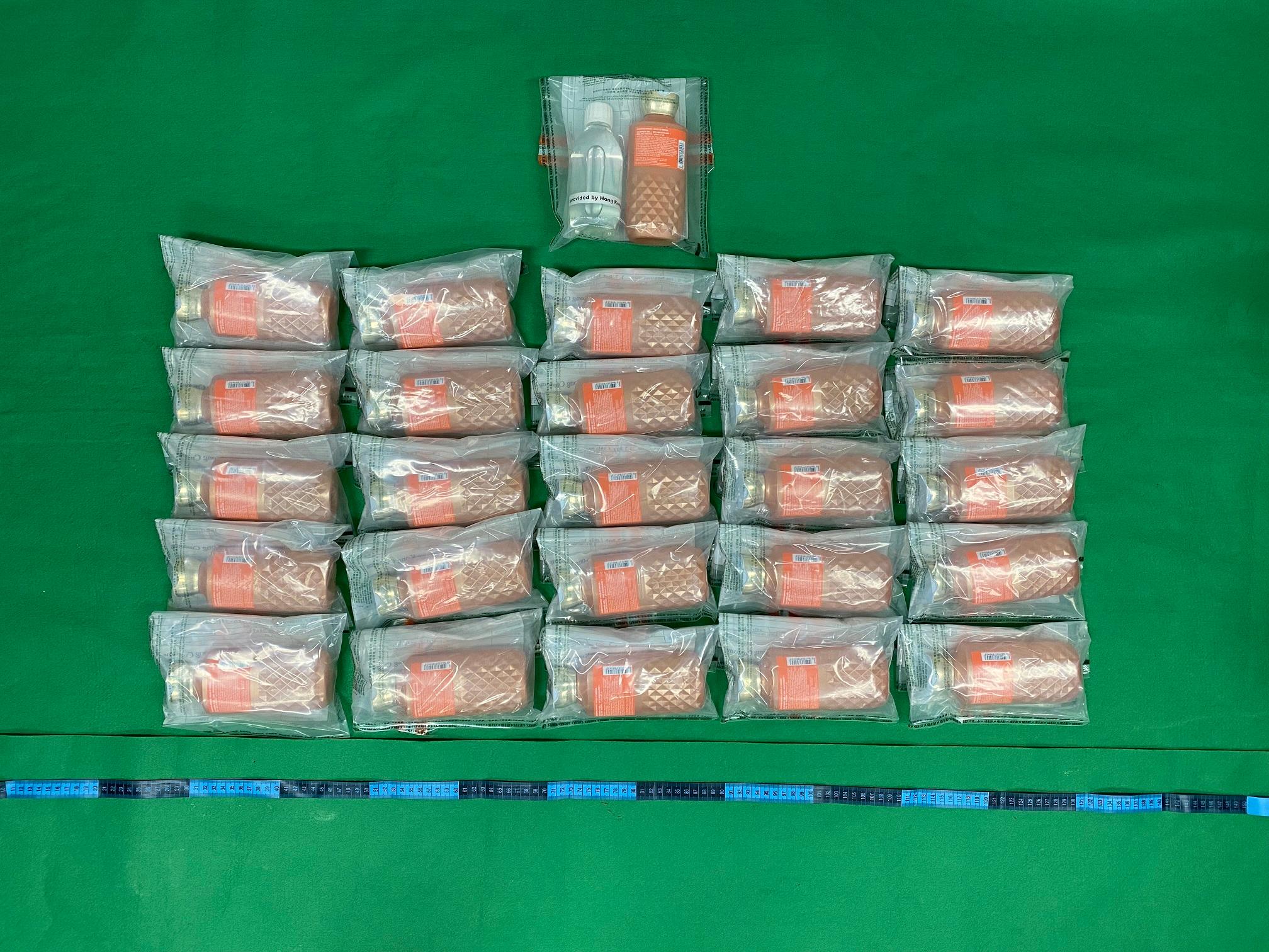 Hong Kong Customs on July 2 seized about 7.8 kilograms of suspected liquid methamphetamine with an estimated market value of about $4.5 million at Hong Kong International Airport. Photo shows the suspected liquid methamphetamine seized.