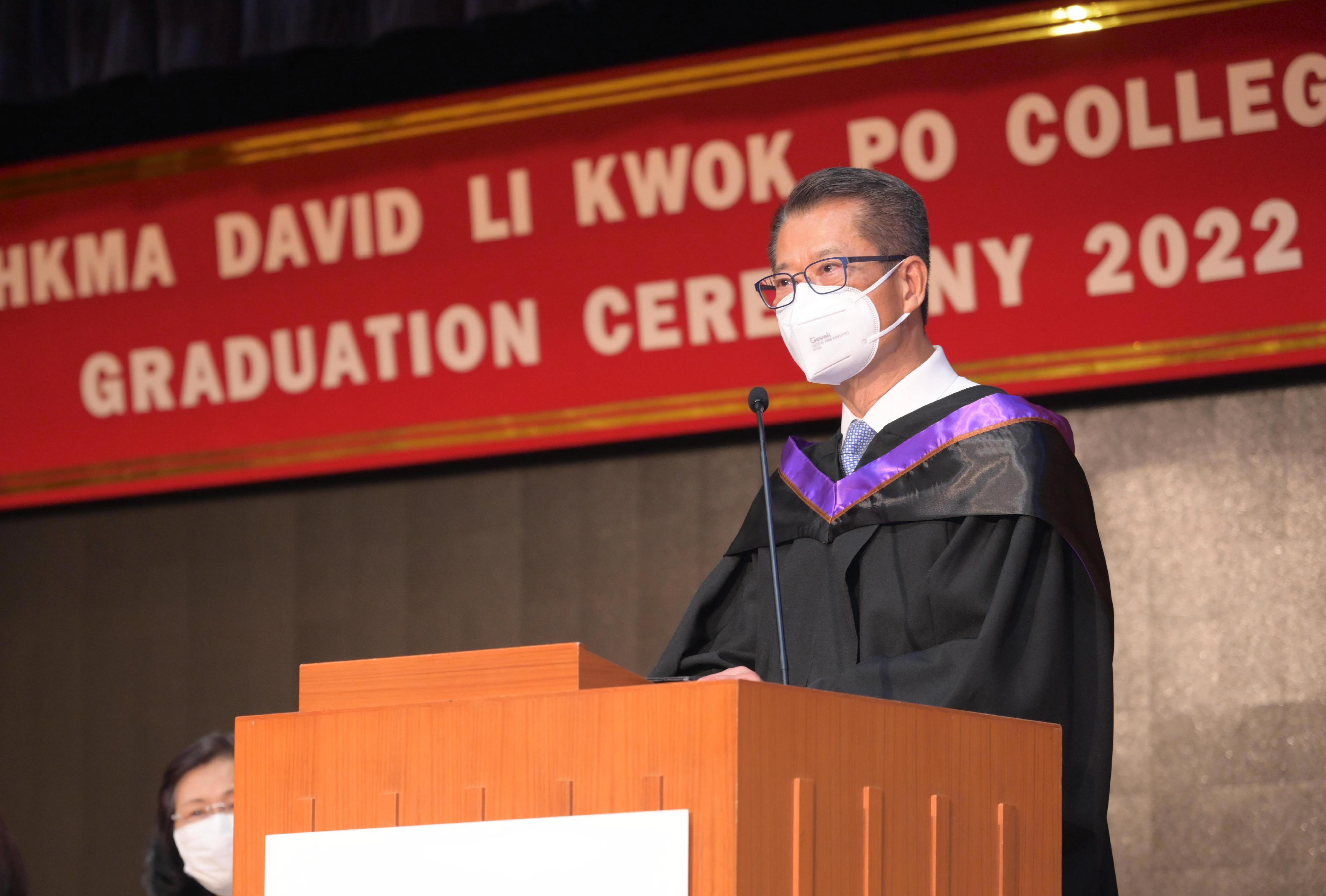 The Financial Secretary, Mr Paul Chan, gives a keynote speech at the Hong Kong Management Association David Li Kwok Po College Graduation Ceremony 2022 today (July 9).