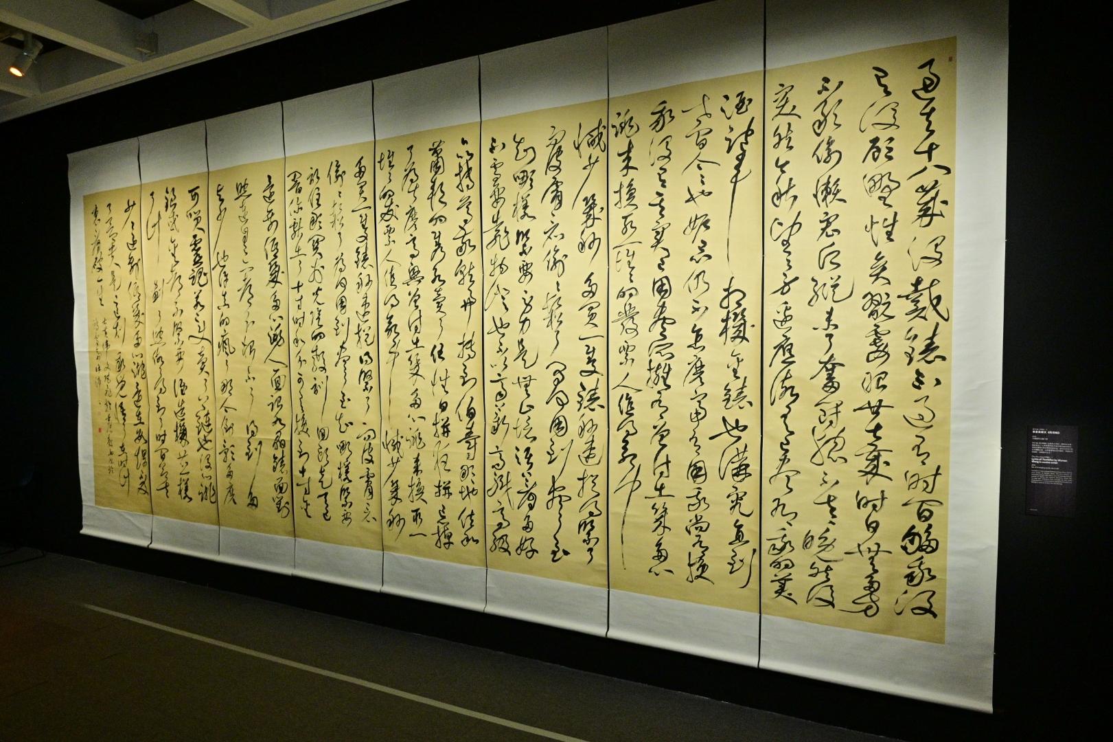 香港藝術館明日（七月二十二日）起舉行「漢字城韻──書法中的詩舞畫樂」展覽。圖示藝術家徐沛之的《草書黃偉文陀飛輪》。