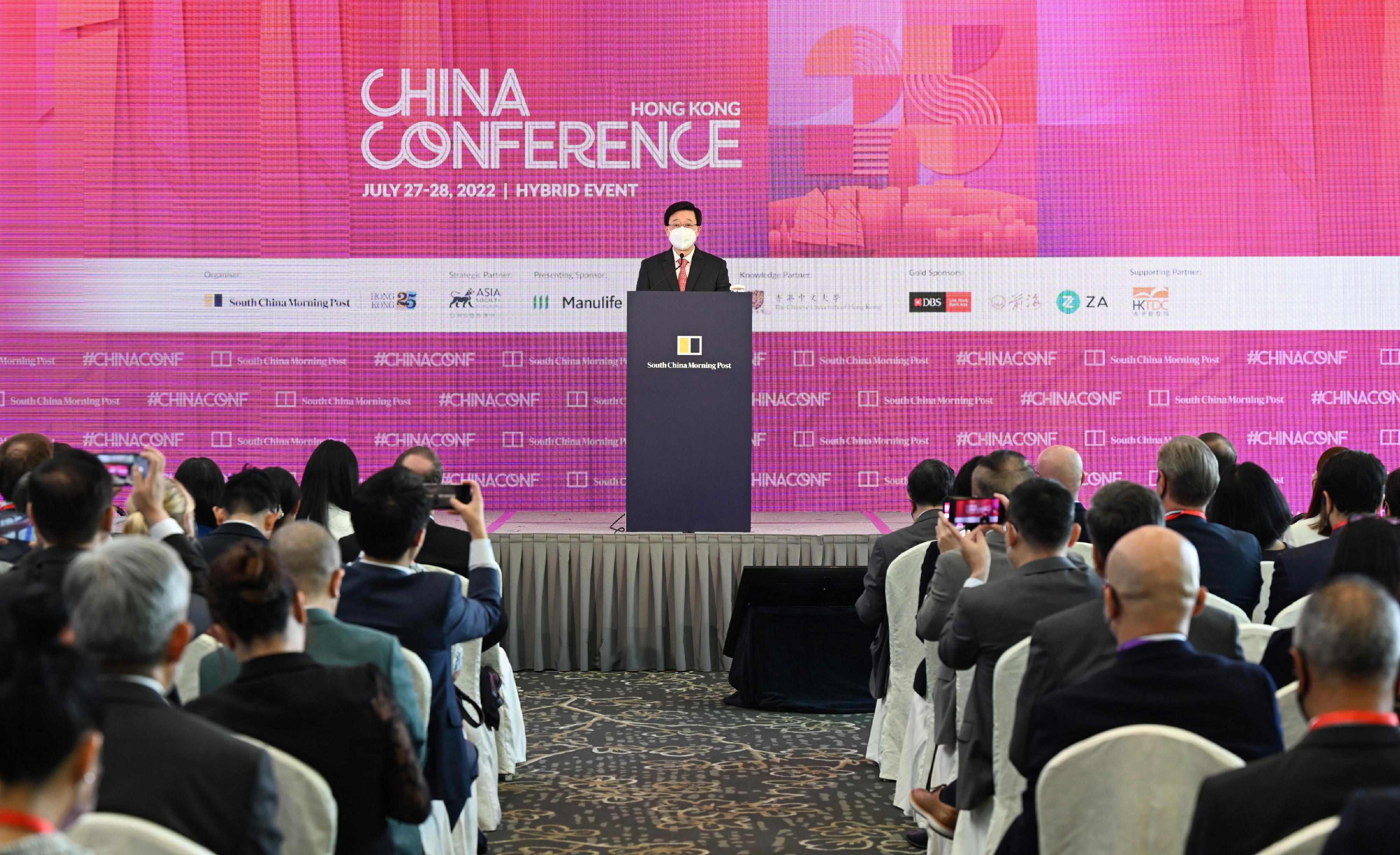 The Chief Executive, Mr John Lee, speaks at the South China Morning Post China Conference Hong Kong 2022 today (July 27).