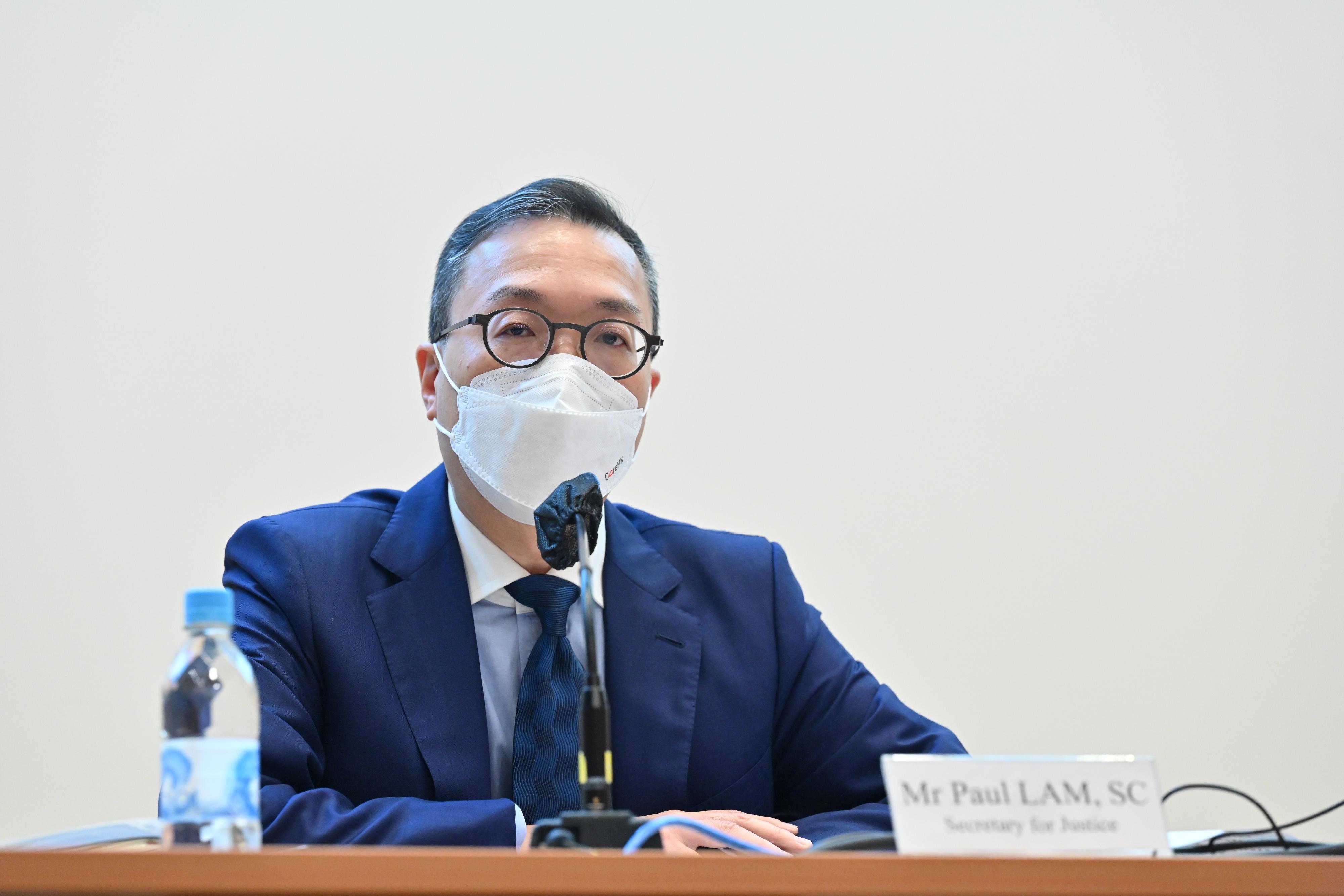 The Department of Justice today (July 29) held two sessions on "Spirit of the President's Important Speech" at Justice Place, where about 100 directorate officials attended. Photo shows the Secretary for Justice, Mr Paul Lam, SC, speaking at one of the sessions.
