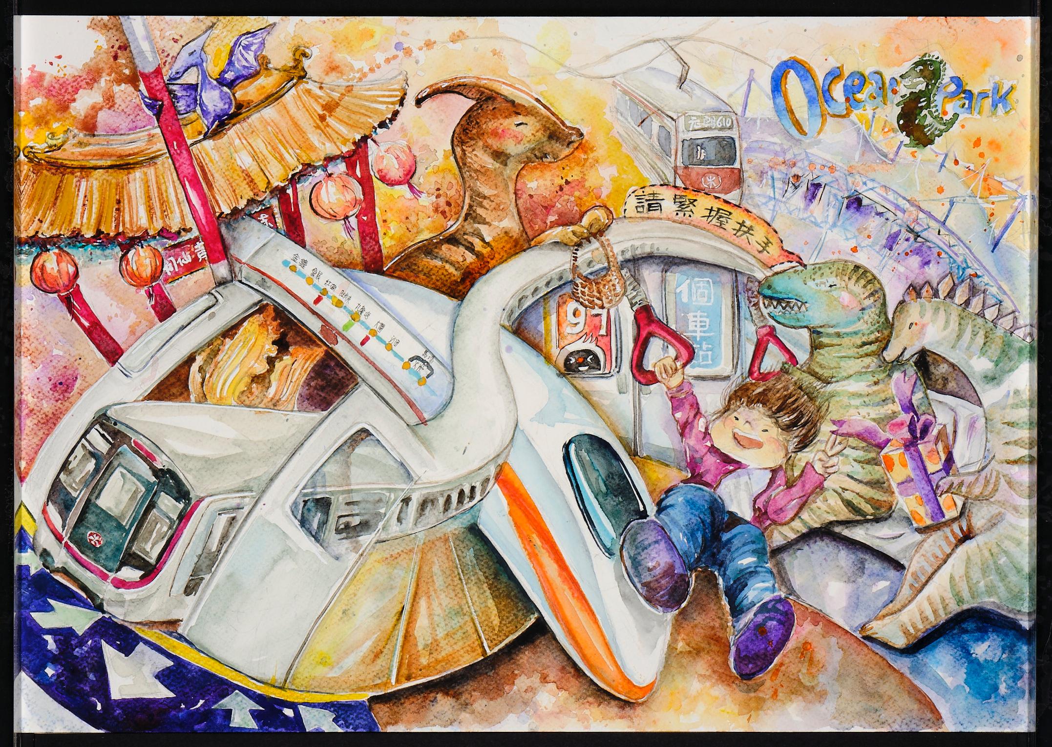 「港鐵載遇恐龍創意繪畫比賽2022」的得獎作品八月十二日（星期五）起在香港科學館展出。圖示繪畫組高中組冠軍──基督教宣道會宣基中學學生林雪浠的作品。