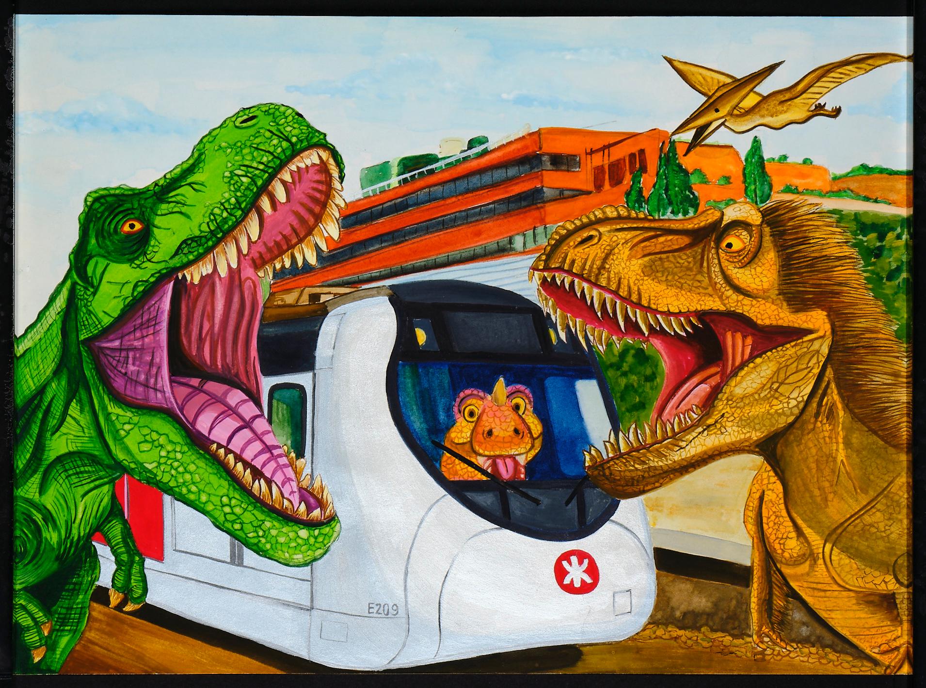 「港鐵載遇恐龍創意繪畫比賽2022」的得獎作品八月十二日（星期五）起在香港科學館展出。圖示繪畫組高小組冠軍──路德會聖馬太學校（秀茂坪）學生梁樂晴的作品。